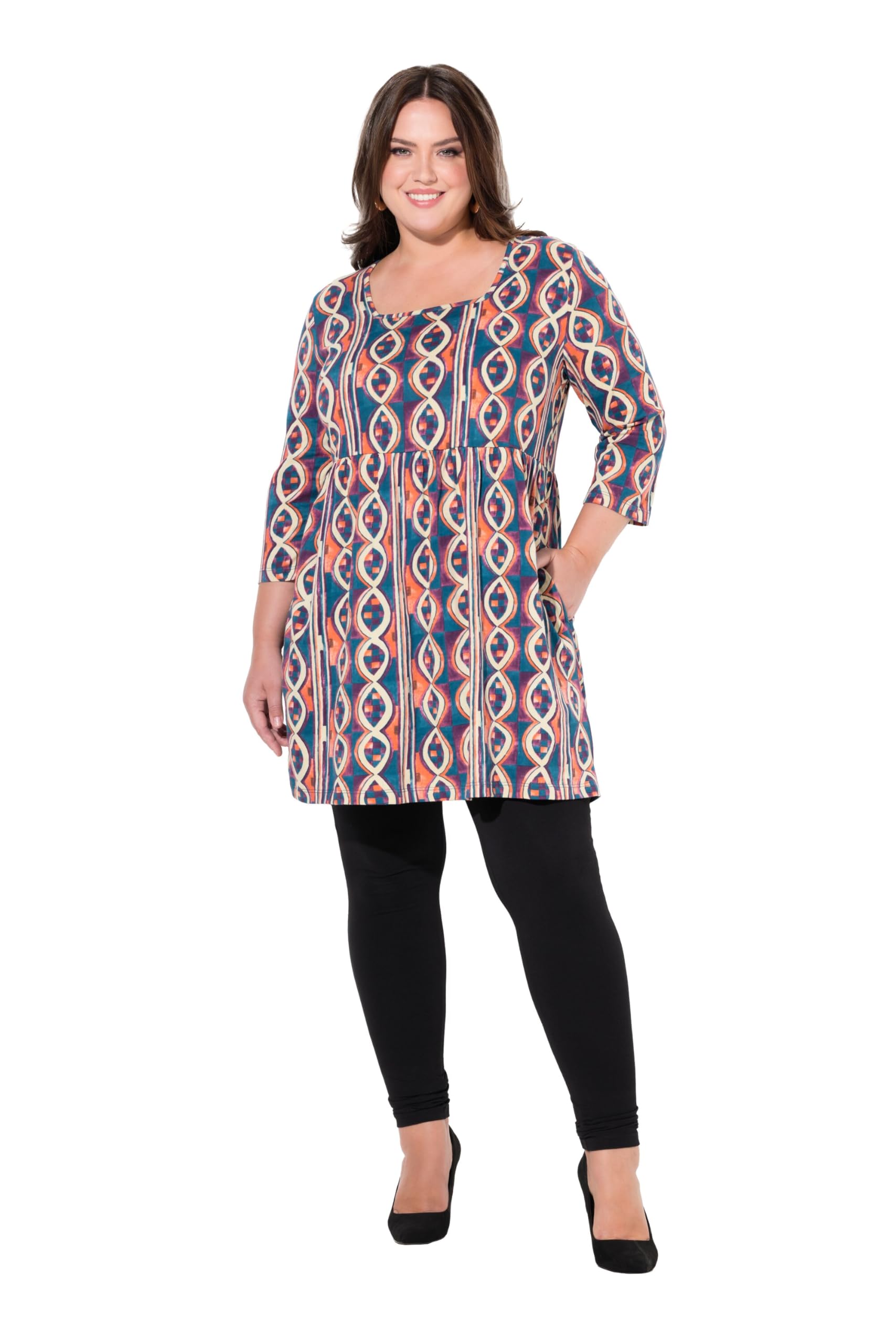 Ulla Popken Damen große Größen Übergrößen Plus Size Longshirt, Bedruckt, A-Linie, V-Ausschnitt, 3/4-Arm 837150