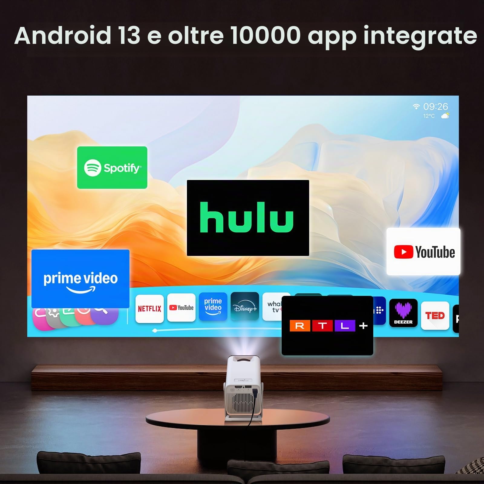 [Compatibile con Netflix & Android 13] Mini Proiettore 1080P con WiFi 6 e Bluetooth 5.4, Correzione Trapezoidale Automatica, Supporto 4K, App Integrate - LYNCAST