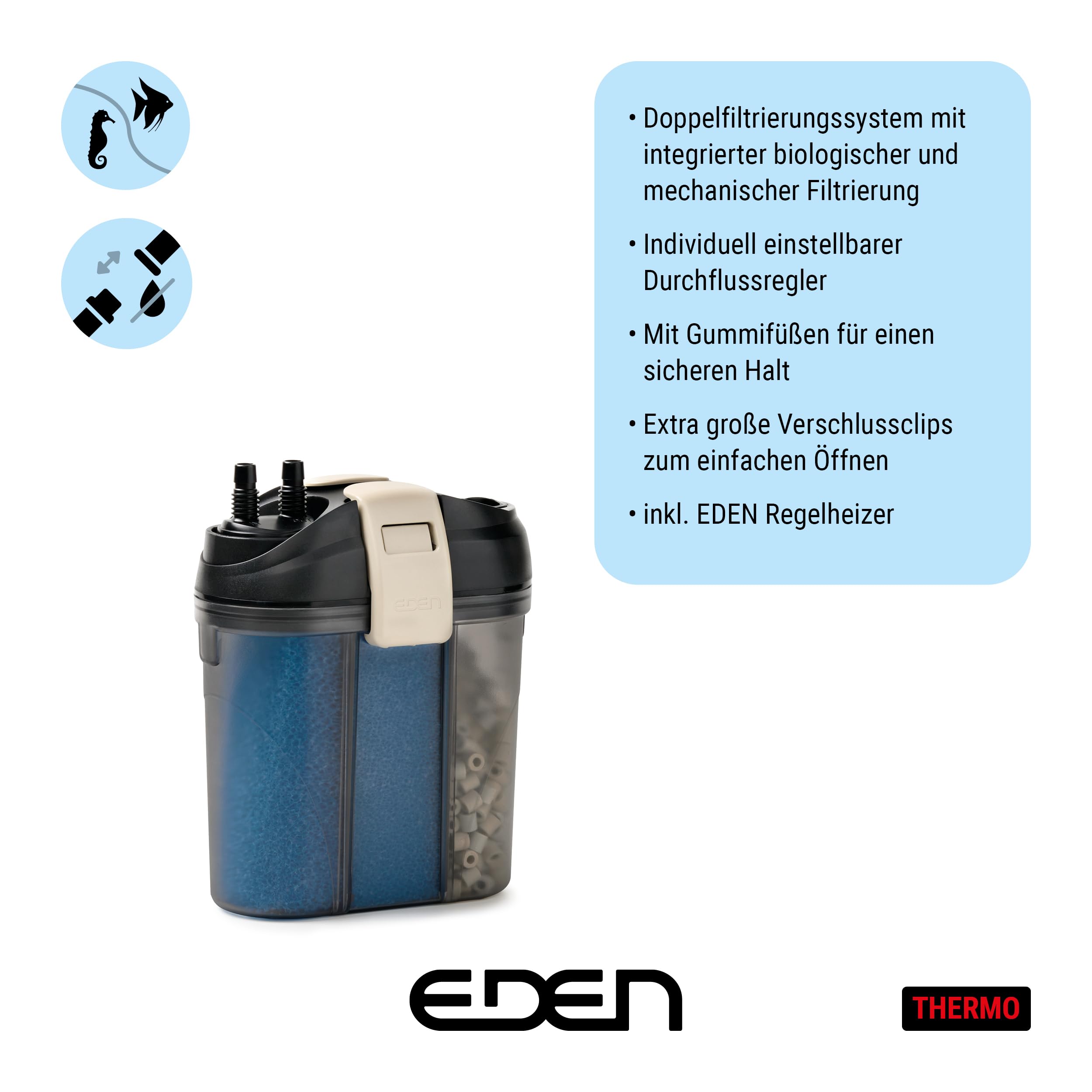 Eden 94087 FET 100 Aquarium Außenfilter für Aquarien bis zu 100 Liter inklusive RCA Regelheizer Doppelfiltersystem platzsparendende Aufbewahrung im Unterschrank vibrationsarm nahezu geräuschlos