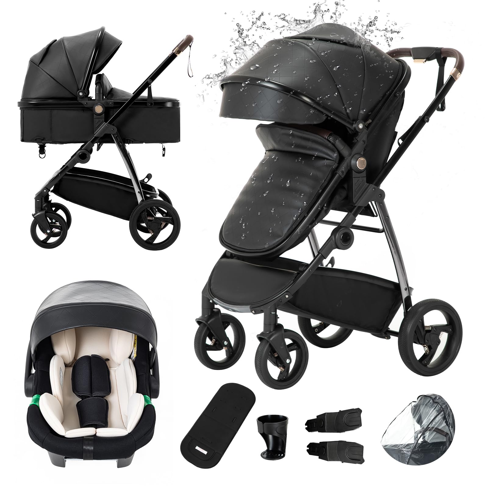 Gcarebb Cueros 3 en 1 Pushchair, City Strollers with Car Seat, Portable One-Click Folding Walking Stick Stroller, Landscape Combined Strollers High Aluminium Frame