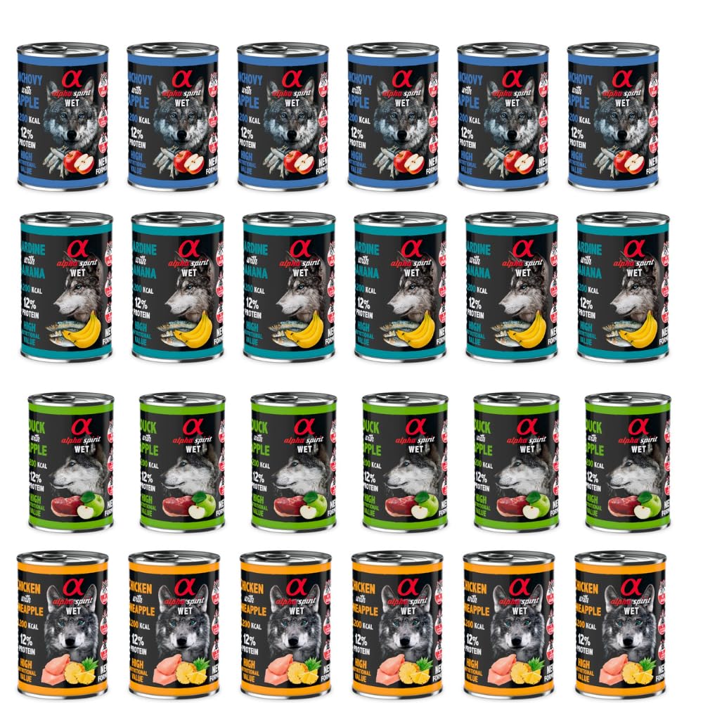 Alpha Spirit Nassfutter Maxi Packs Monatlich, 24 Dosen x 400 g (Mix 3 Bokerone mit Apfel, Sardine mit Banane, Ente mit Apfel, Huhn mit Ananas)