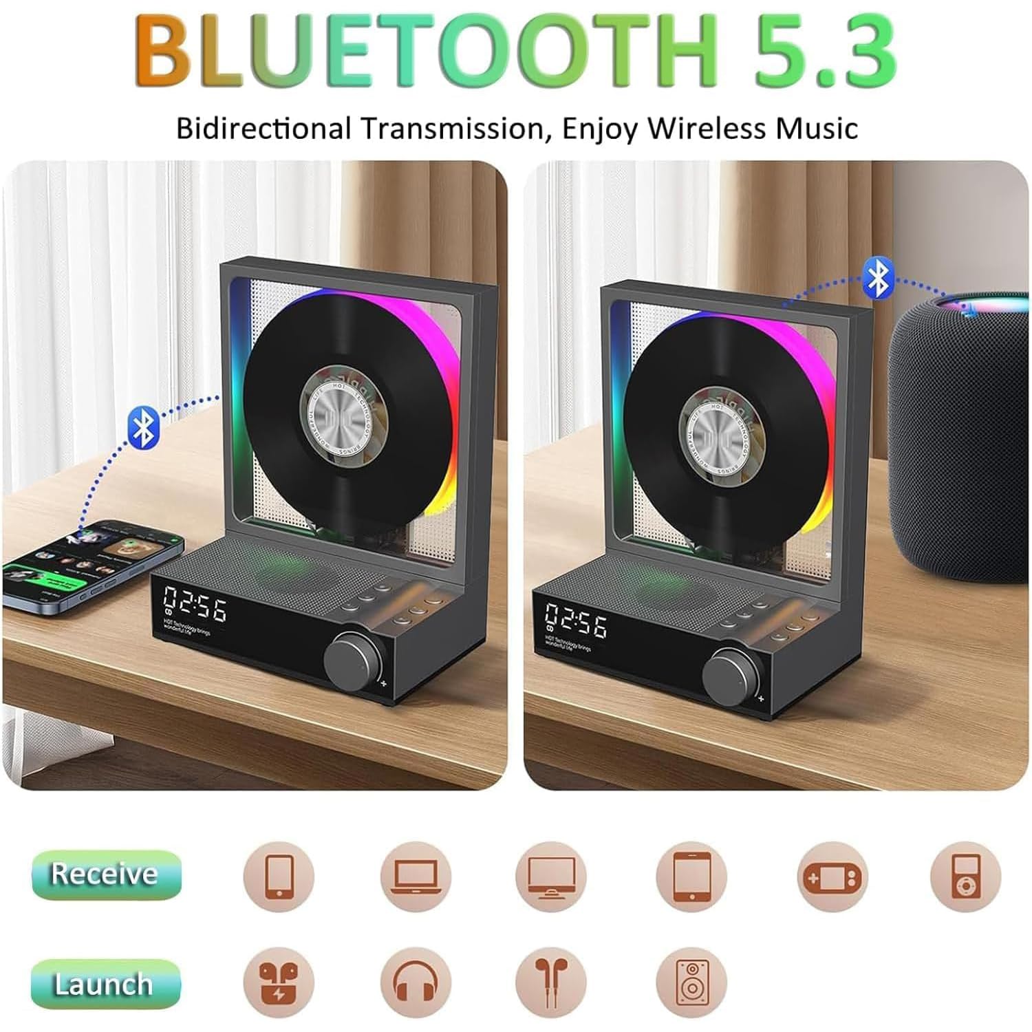 Lettore CD portatile con Bluetooth 5.3, altoparlanti HiFi, luci RGB, telecomando, supporta MP3 WMA WAV AAC APE FLAC per uso domestico