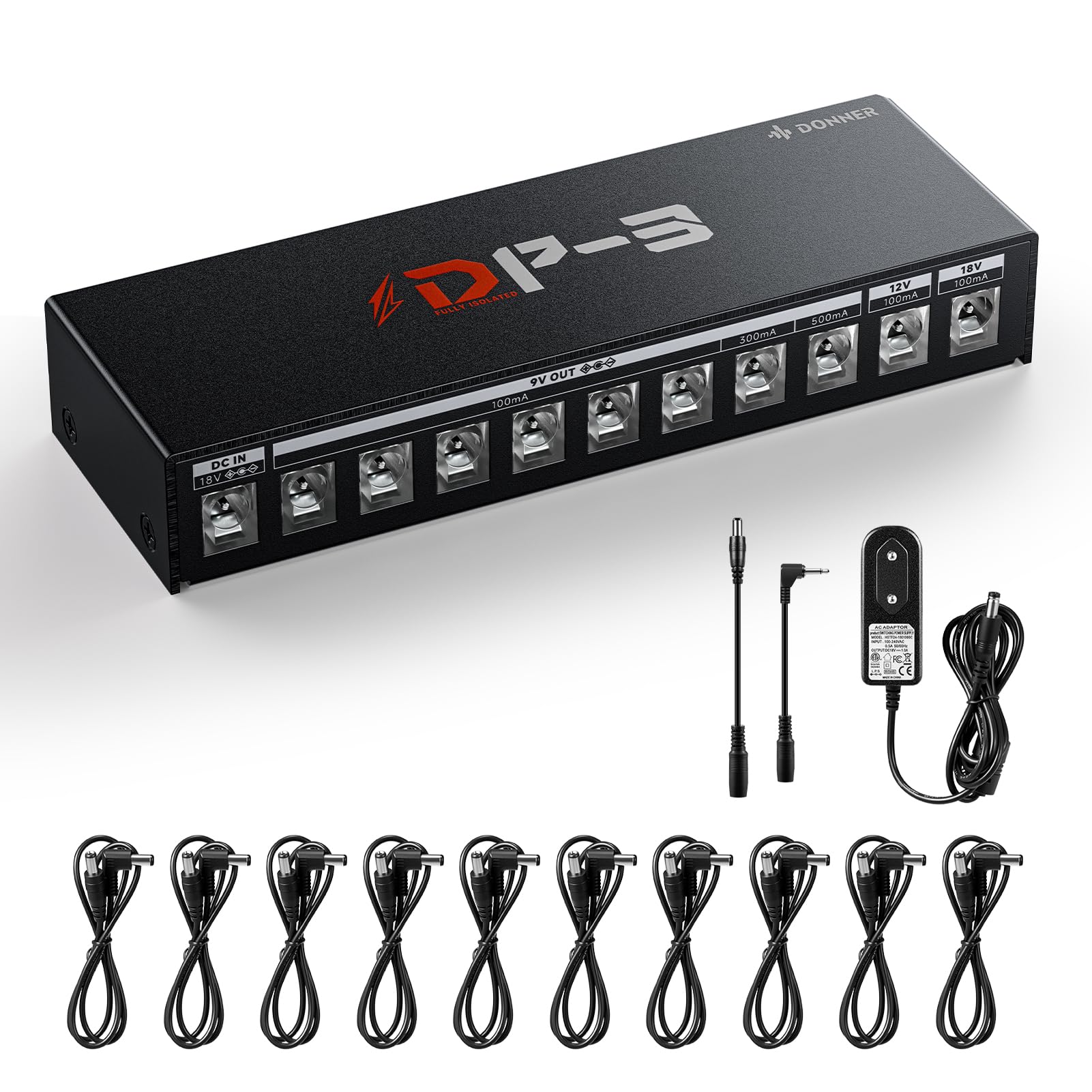 Donner DP-3 Alimentatore per Pedali Chitarra con 10 Uscite DC Isolate, Compatibile con Pedali 9V/12V/18V (100mA/300mA/500mA)