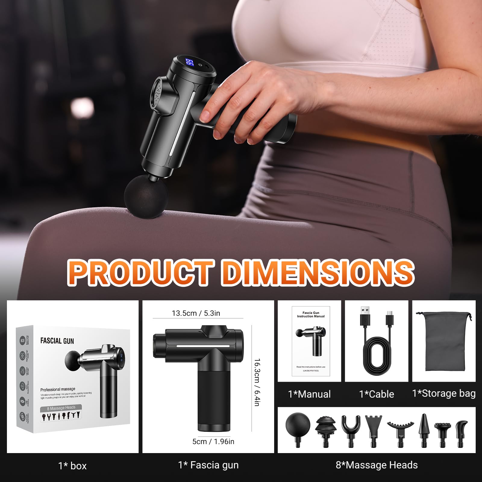 Pistola de Masaje Muscular, Masajeador de Muscular de Tejido Profundo con 32 Velocidades, 8 Cabezales de Masaje Pistola Masajeadora para Aliviar el Dolor Muscular