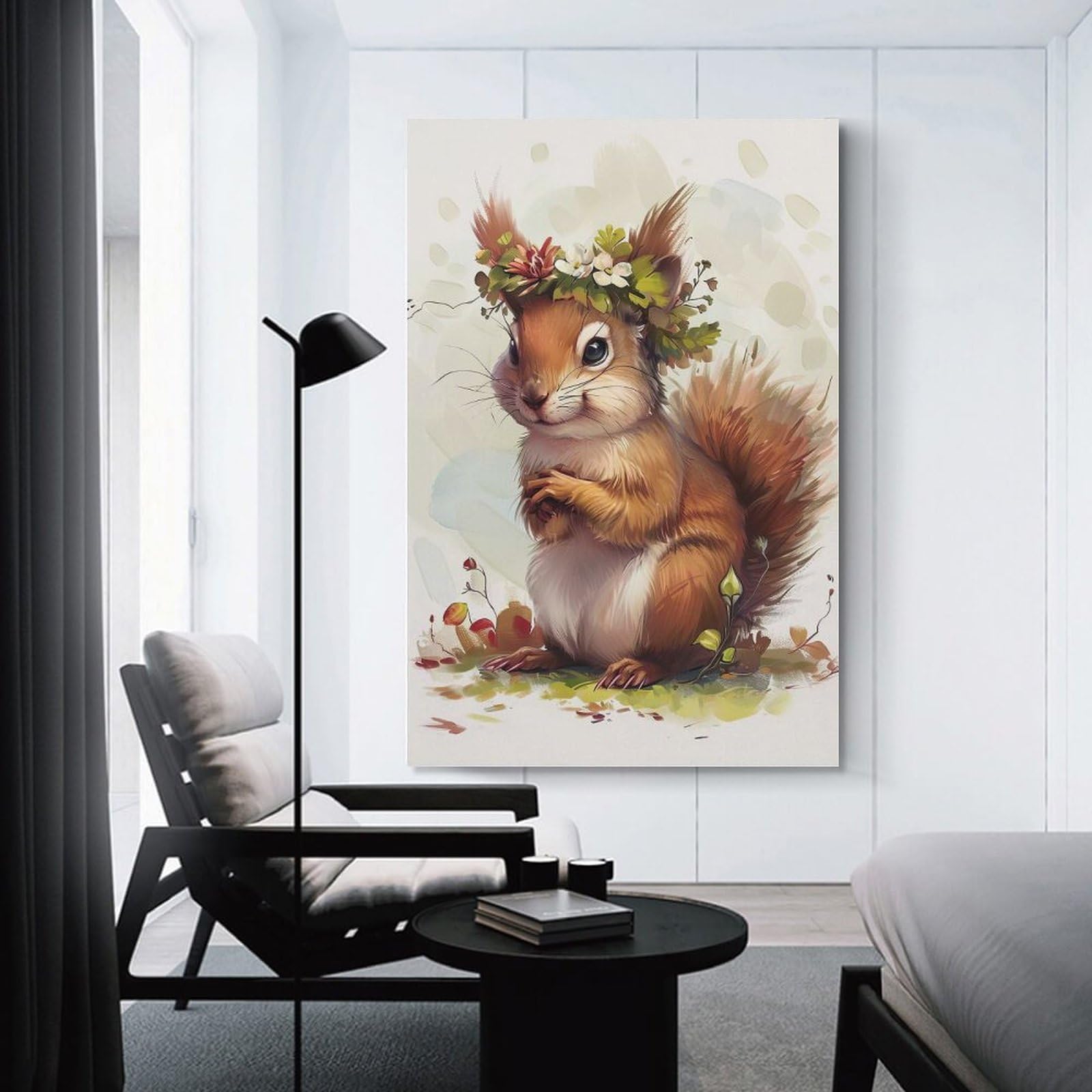 Junmoney Squirrel Flower Canvas Art Print, 20x30inch(50x75cm), for Wall Displays, Bedrooms Or Room Updates, Home Wall Art for Statement Displays