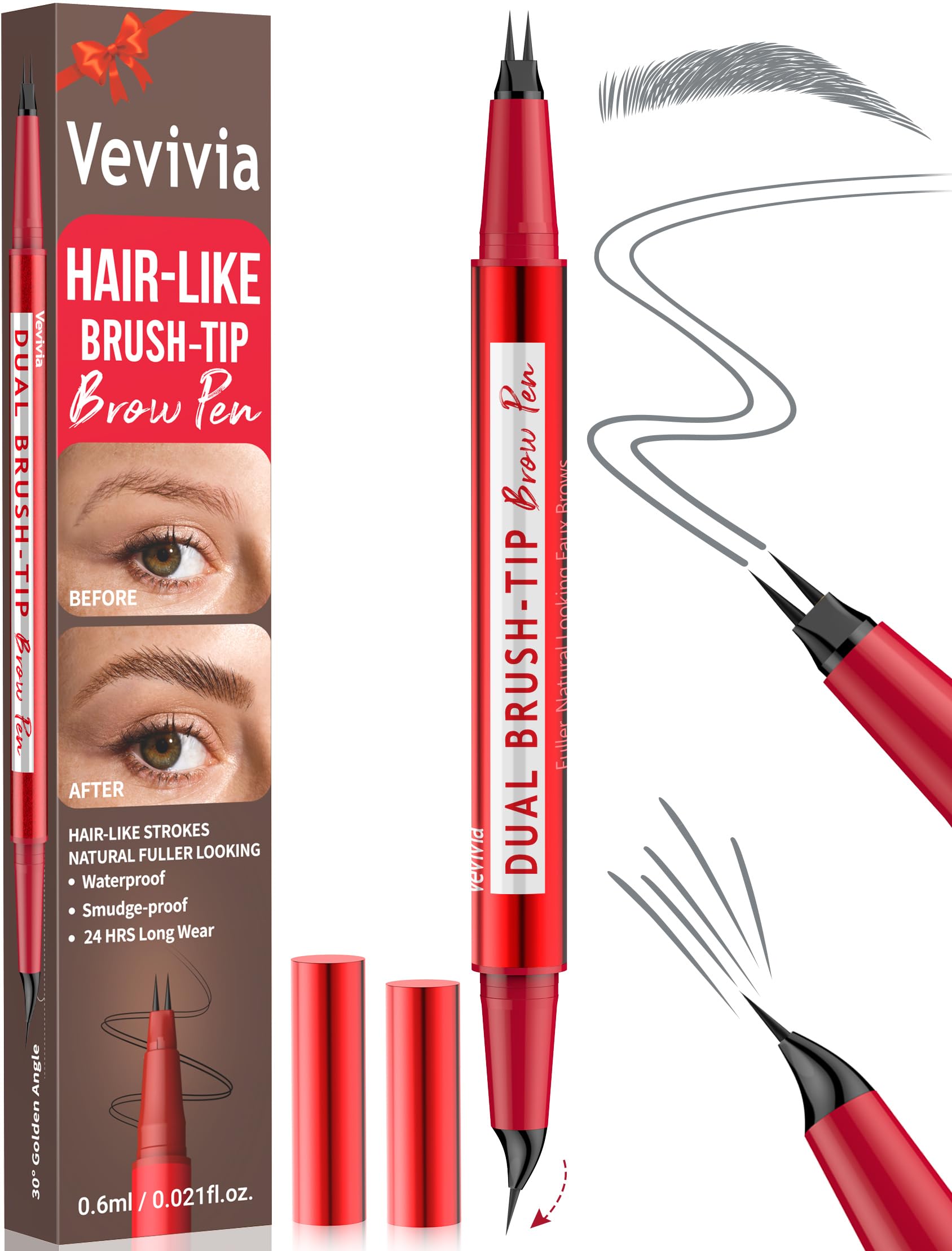 Vevivia Augenbrauenstift - Eyebrow Pen with Dual-Brush-Tip & Curved Tip for Natürliche Augenbrauen, Precise Hair-Like Strokes for All Brow Types, Last All-Day Brow Makeup, Grey