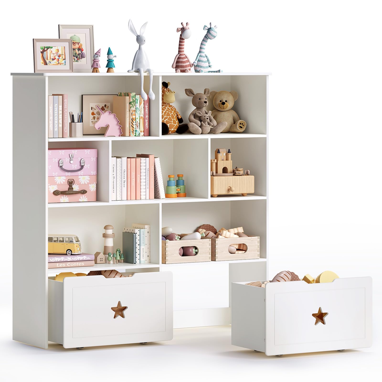 Toy Storage Organizer, Large Kids Bookshelf and Toy Storage with 2 Movable Drawers and 7 Storage Cubbies, Girls Toy Chest Storage with Hidden Wheels, Boys Toy Book Shelf for Kids Room