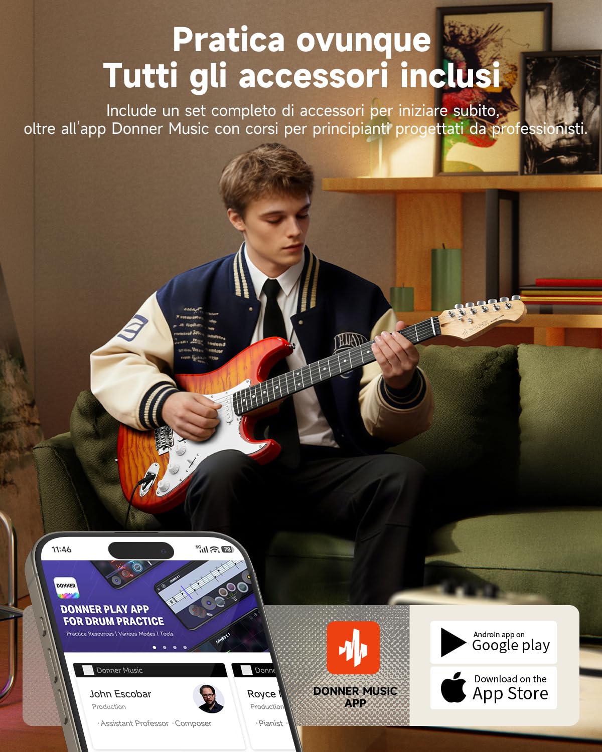 Donner DST-90 Chitarra Elettrica 39 Pollici, Kit Chitarra Elettrica per Principianti con Amplificatore, Pickup HSS, Custodia, Accordatore, Capotasto, Tracolla, Corde, Cavo e Plettri, Icetea Burst