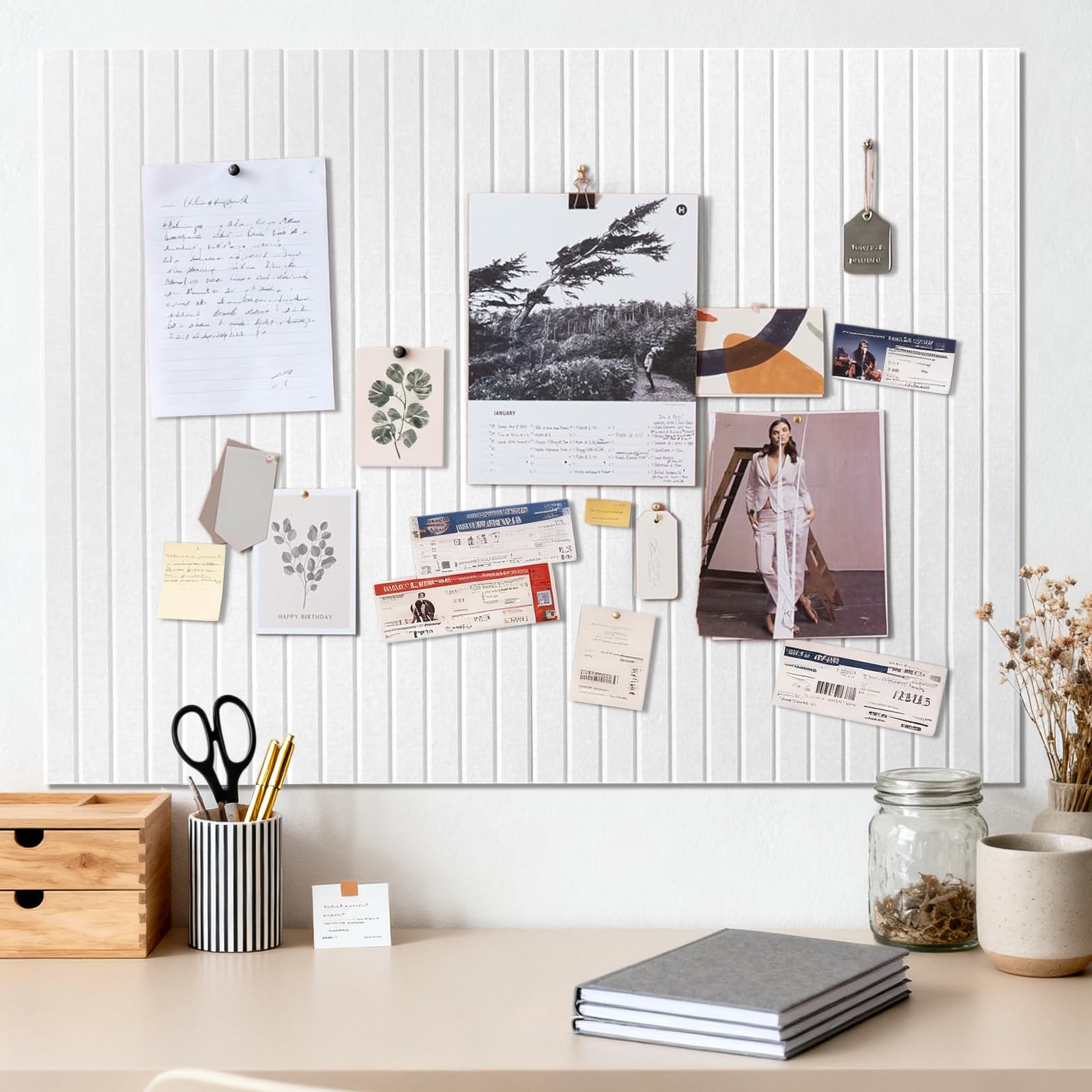 Large Felt Notice Board White Self-Adhesive 90 x 60 cm Cork 0.9 cm Thick Vision Board Set, Photo Wall Cork Board Pegboard Memo Board Felt Panels Pin Board Modern for Office Kitchen Children's Room