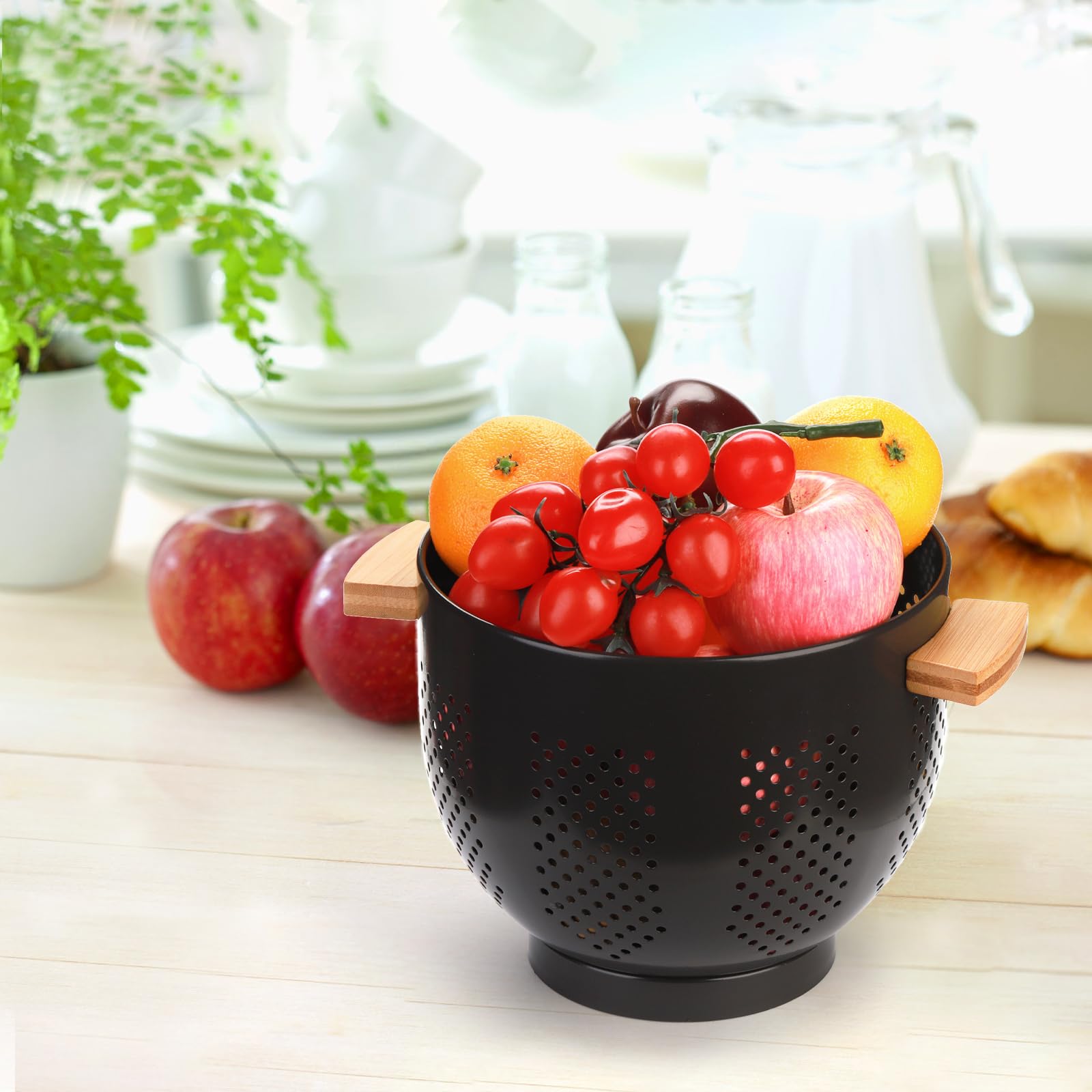Colador de metal grande con mango de madera, colador negro profundo para pasta, frutas, drenaje de cocina, almacenamiento 7