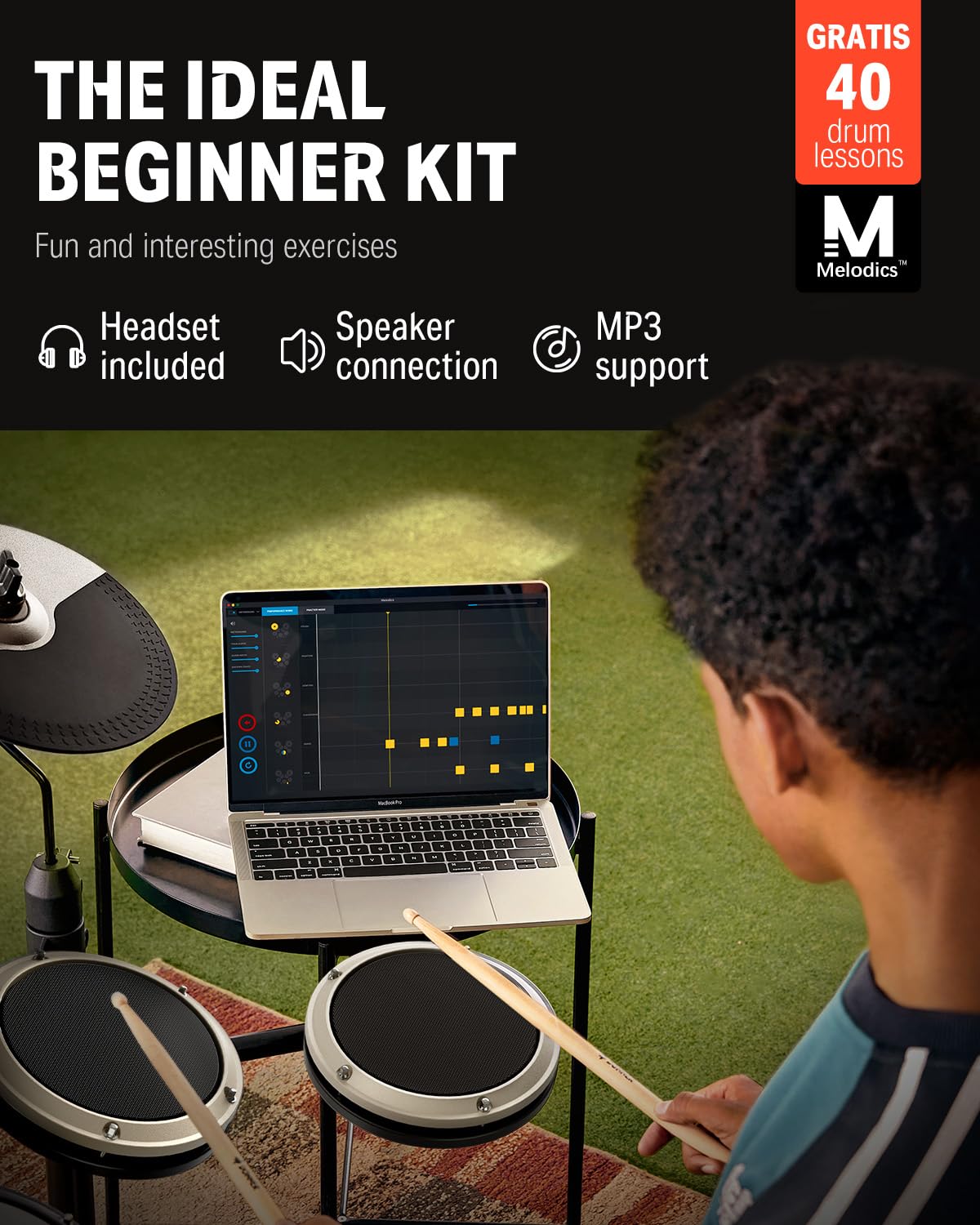 Donner DED-80 E-Drum Set 4 leise Mesh-Pads, 180+ Sounds, 30 Demo-Songs, 10" Becken, 2 Pedale, inkl. Hocker, Kopfhörer, Sticks, USB-MIDI, Melodics-Unterricht, Weiß