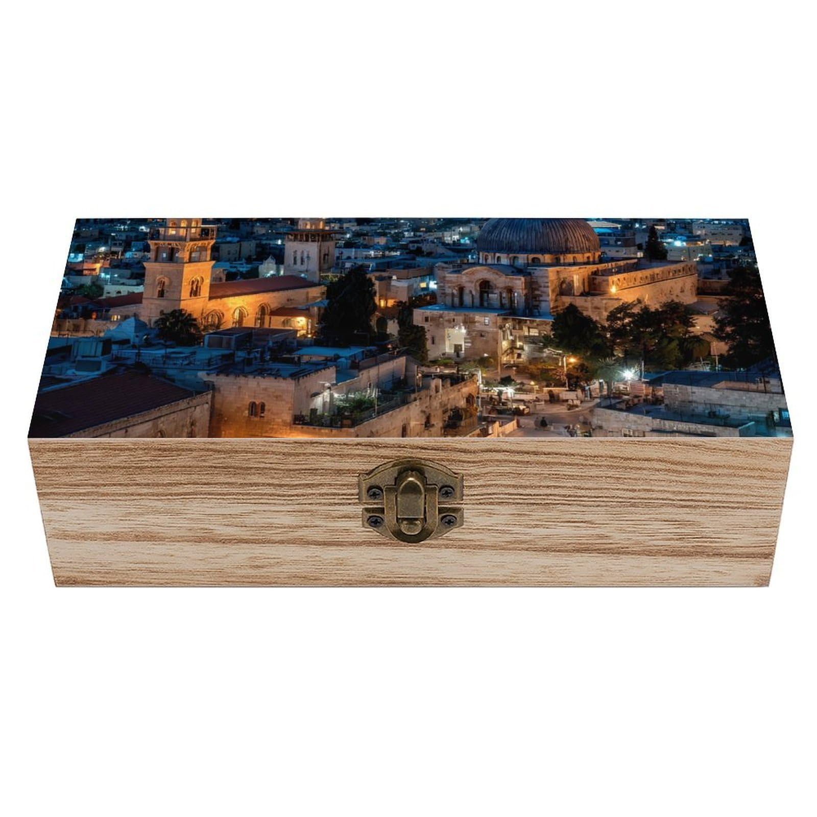 HLBSDM Jerusalem City Night Wooden Box with Hinged Lid Decorative Storage Case Container