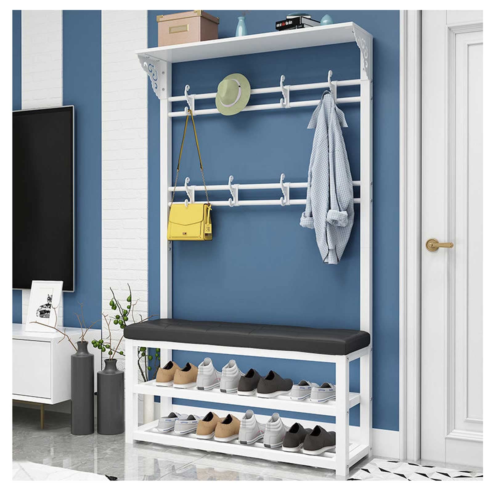 Wjftoday B 3 In 1 Standing Coat Rack & Shoe Ench Entryway Storage Versatile Clothes Shelf & Changing Stool For Edroom Hallway Home Office Space Saving Design.