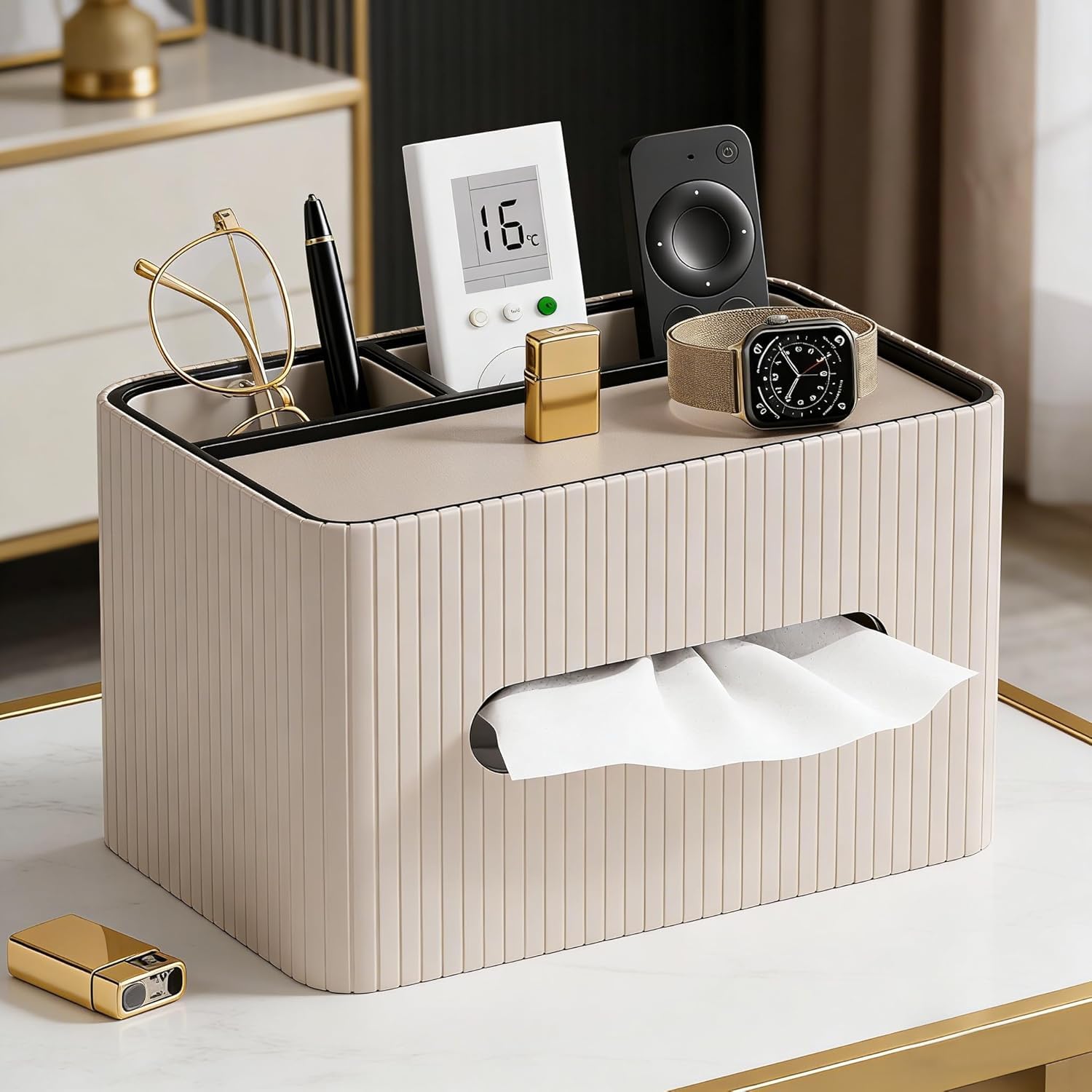 KINGFOM Kosmetiktücherbox aus PU Leder mit Ablage, Rechteckige Taschentuchbox mit 2 Fächern – Moderne Tissue Box Taschentuchspender für Wohnzimmer, Badezimmer & Büro, Tücherbox Organizer (Beige)