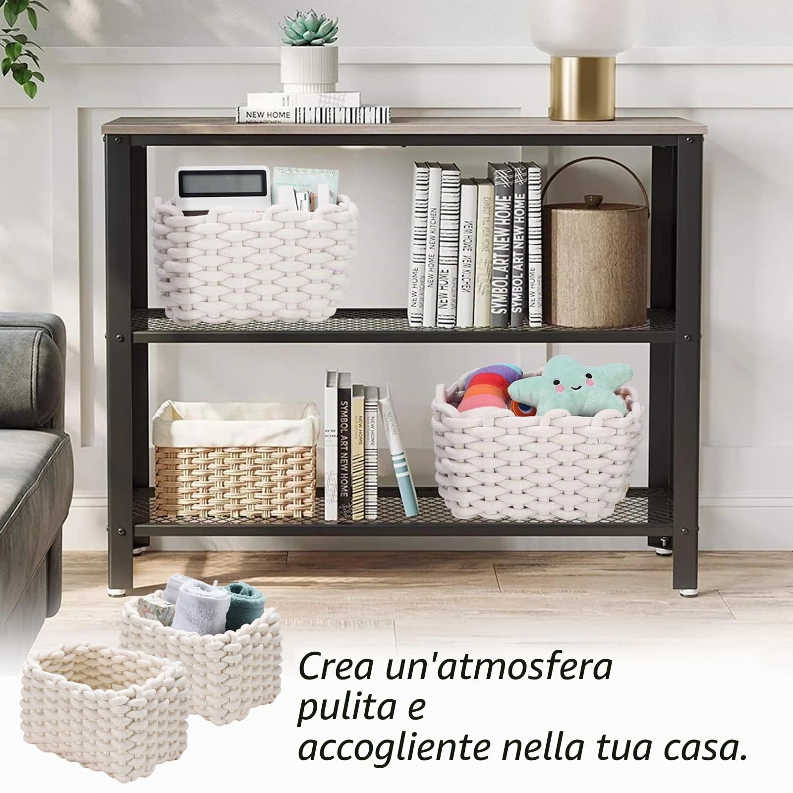 Cestini Portaoggetti, 2 Pezzi Cestini Portaoggetti in Corda di Cotone Intrecciato, 19x15x12cm Cesto Portaoggetti Intrecciato, per Tavolo da Toilette, Bagno, Camera da letto(Bianco)