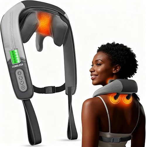 Shiatsu Masajeador de cuello y hombros con calor, apto para HSA, masajeador inalámbrico 4D de tejido profundo, masaje recargable para cuello, hombros