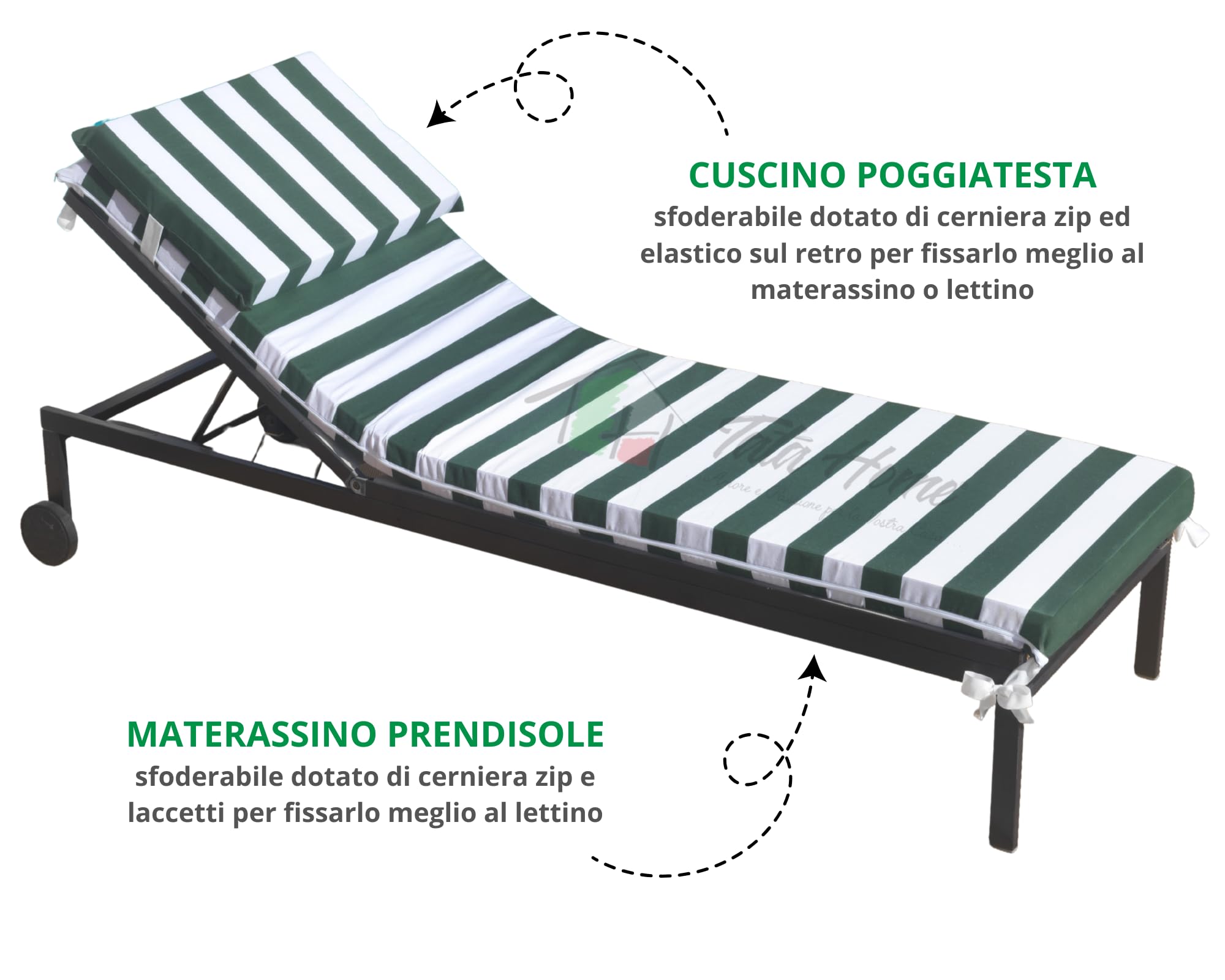 Tata Home Cuscino Per Lettino Prendisole Sfoderabile con Poggiatesta Materassino Prendisole Imbottito Con Laccetti Lavabile Misura 60x200 cm a Righe Made in Italy Mod. Top7 Colore Verde