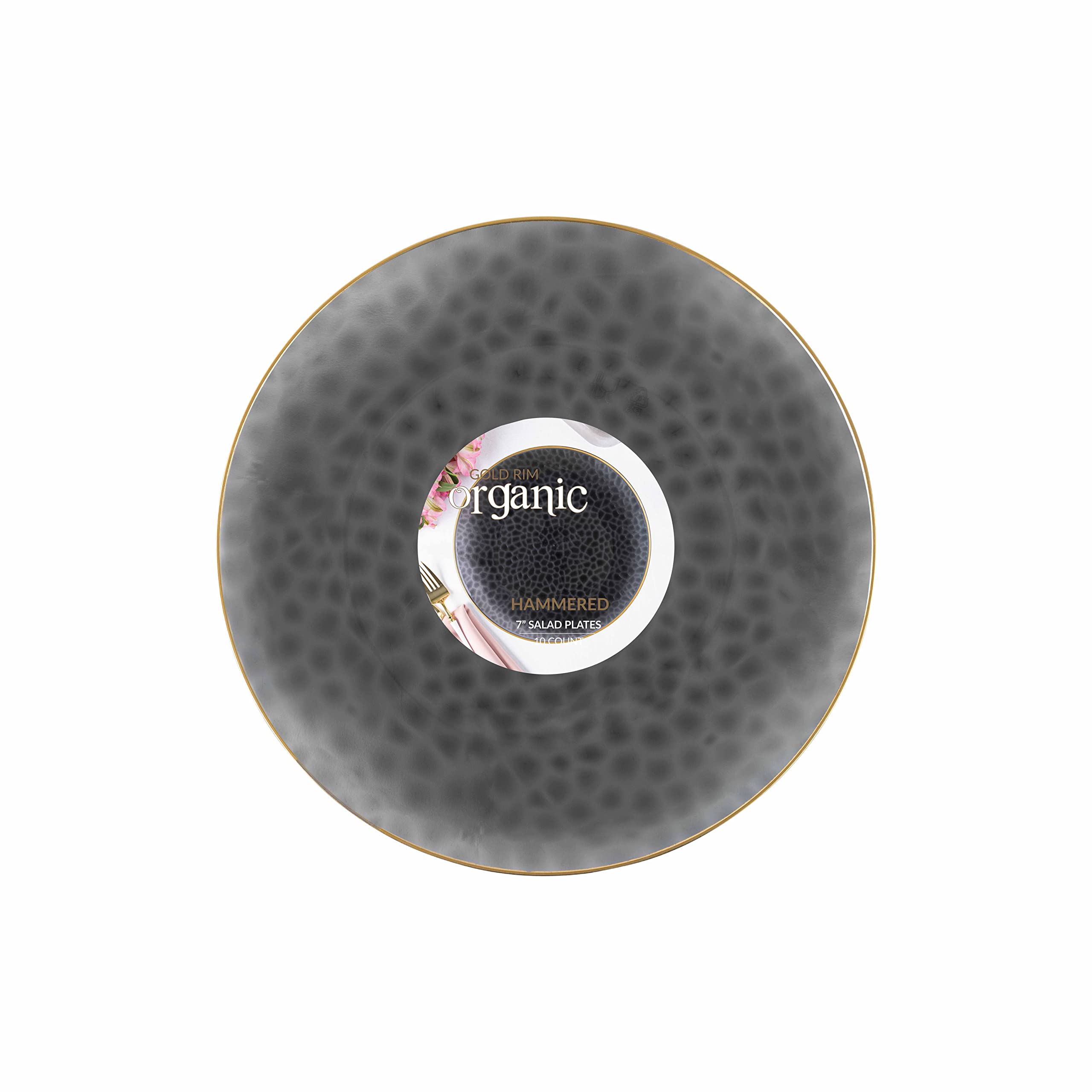 PLASTICPRO 30 Pack Hammered Plastic Plates Heavyweight Disposable Plastic Plates Elegant Clear Hammered Rim Platsic Party Dishes (Hamered Clear With Gold Rim, 7'' INCH PLATES) — view 10