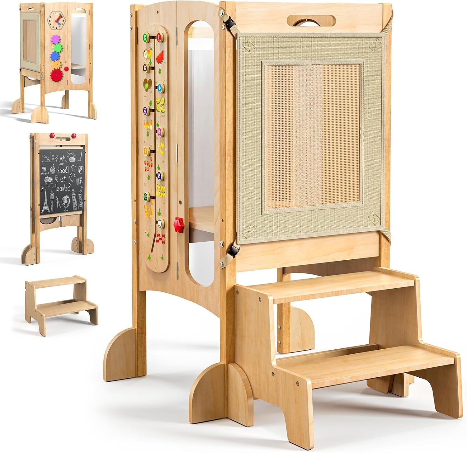 Lernturm Klappbar ab 1 Jahr, Montessori 5 in 1 Multifunktionaler Lernturm aus Birke, Vormontierter & höhenverstellbarer Learning Tower für Kinder, Kleinkinderturm mit Tafel & Sicherheitsnetz