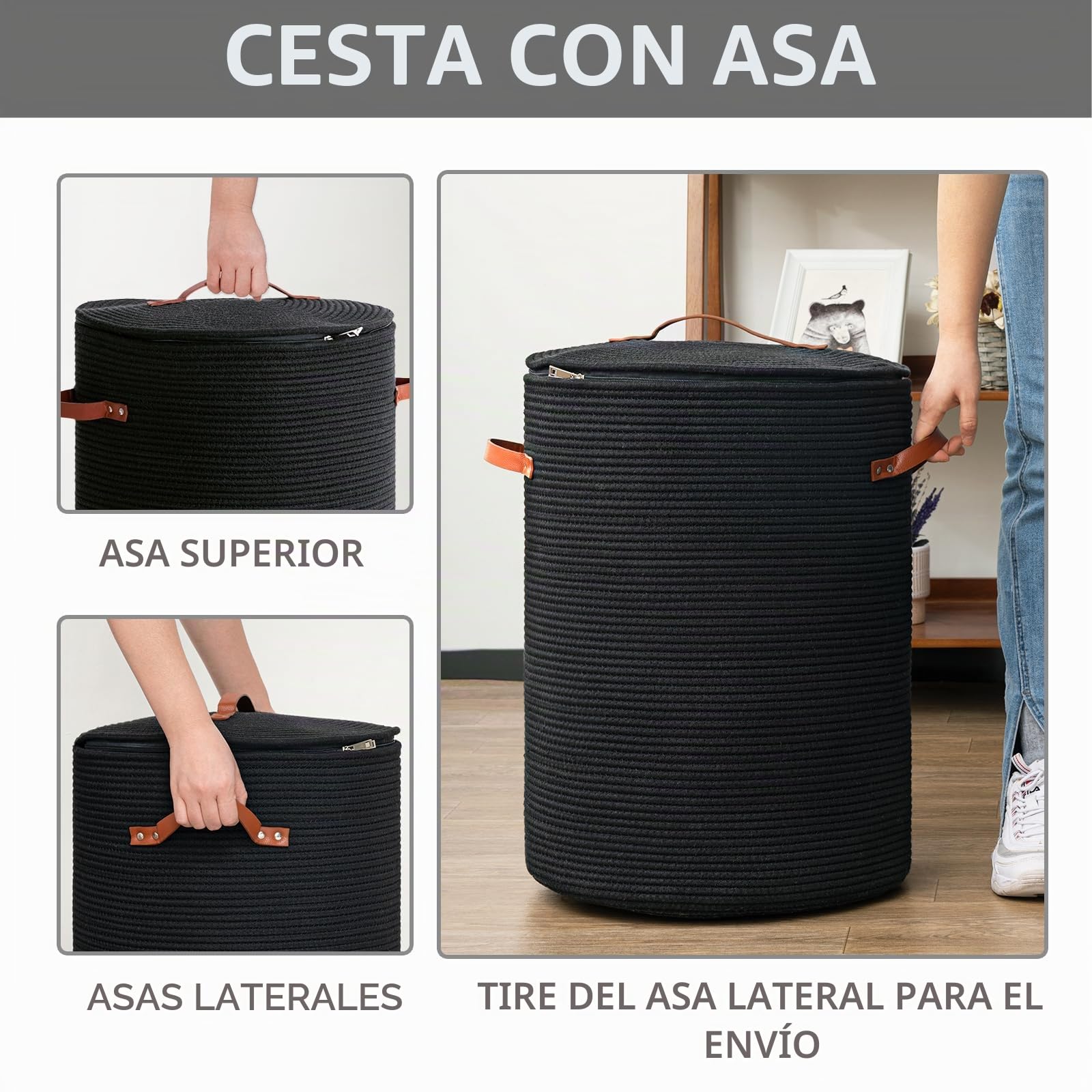 CHICVITA Cesto alto para la colada con tapa, cesta grande para la colada para ropa, mantas, juguetes, cesta decorativa tejida para dormitorio, sala de estar, 38,1 x 50,8 cm, negro