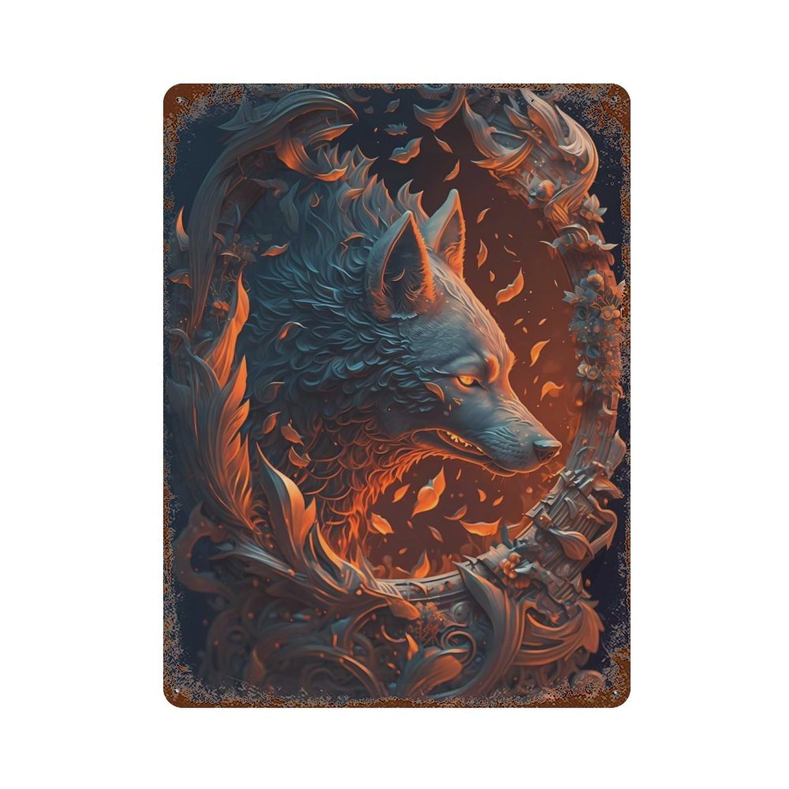 Weathered Tin Sign with Wolf Mythology Design 15.7"x11.8", for Office, Studio And Wall Decor, Retro Wall Decor