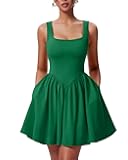 Women's Summer Sleeveless Square Neck A-line Ruffle Hem Mini Tank Dress with Pockets