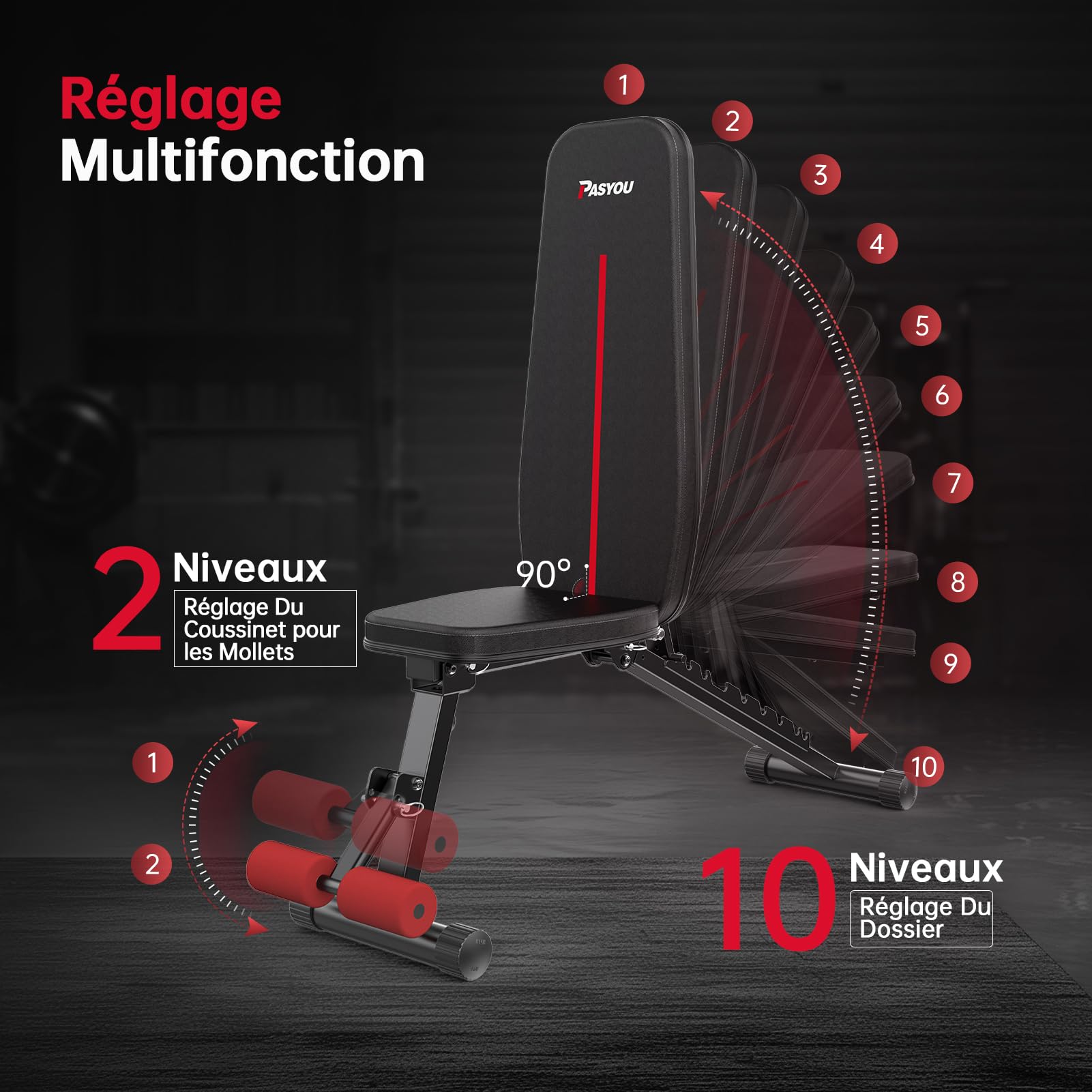 PASYOU Banc Musculation Pliable 10 Directions Réglables à 90° Verticalement Multifonctionnel Banc de Musculation pour un Entraînement Complet du Corps Banc Abdominaux
