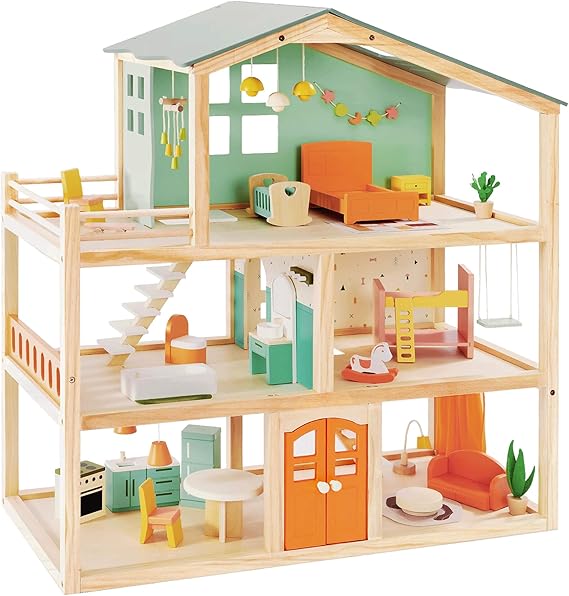 Giant bean Large Wooden Dollhouse with 32 Pcs Furniture Accessories, 3-Story Doll House 5 Rooms Balcony Wooden Stairs, Ideal Dollhouse Toy for Kids Ages 3+, 30" H x 28" L x 13" W