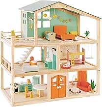 Giant bean Large Wooden Dollhouse with 32 Pcs Furniture Accessories, 3-Story Doll House 5 Rooms Balcony Wooden Stairs, Ideal Dollhouse Toy for Kids Ages 3+, 30" H x 28" L x 13" W