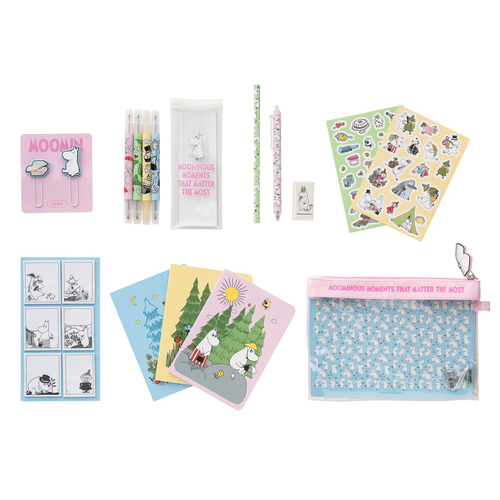 Grupo Erik Stationery Set - Moomins Gifts | Pencil Case with A6 Notebooks, Highlighters, Sticky Notes, Paper Clips, Stickers, Pen, Pencil | Moomin Gifts, Cute Stationery