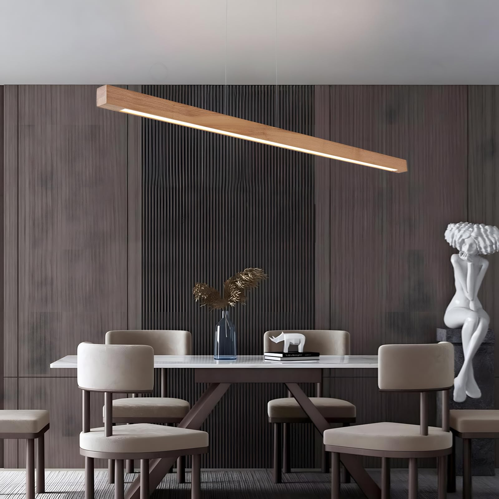 Prostopadłościan Drewniany Żyrandol Liniowy, Ściemnialne Światło z Pilotem, Wiszący Przewód 150cm Regulowany, Led Nowoczesny Minimalistyczny, Salon Biuro Jadalnia Kuchnia (Kolor Drewna 100cm)