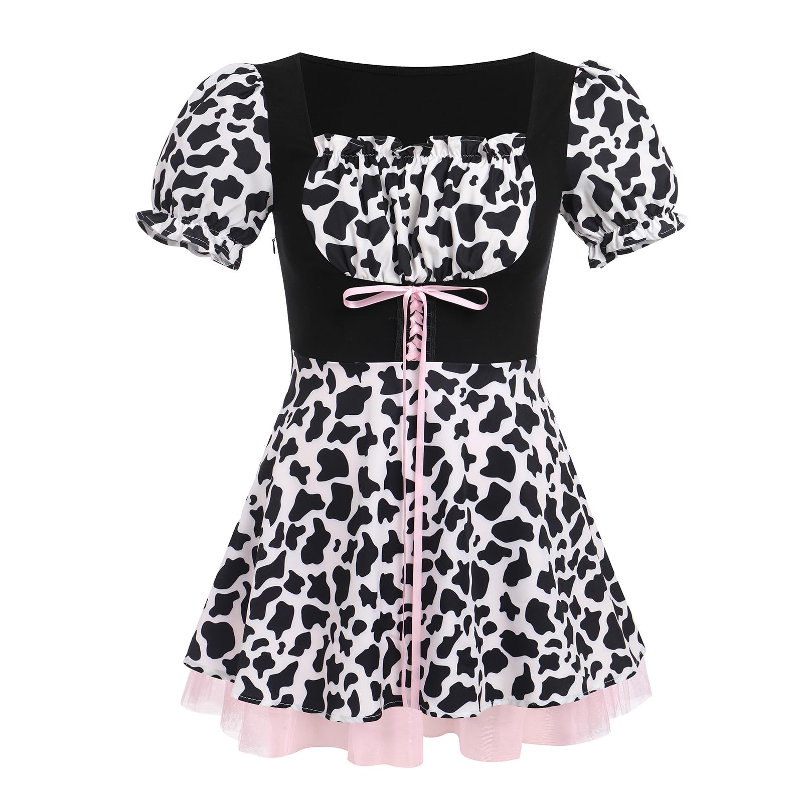 Women Cow Halloween Costume Cow Print Dress + Headband + Bowtie Anime Animals Cosplay Outfit 3 Piece Set