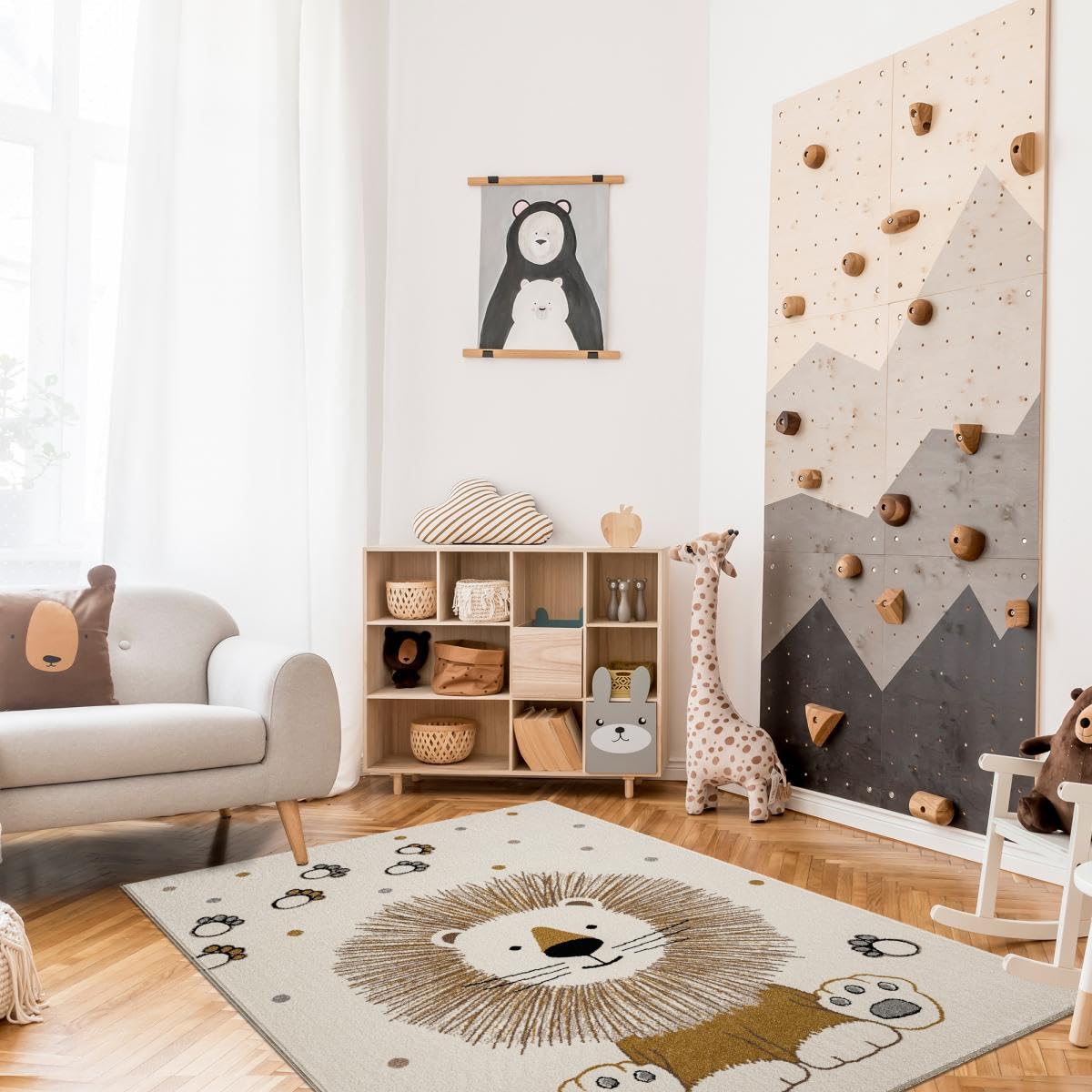 Tapis Enfant Couloir, 120 X 170 Cm, Écru, Motif Lion Empreintes Pois, Tissé en Turquie Poils Ras, Style Doux pour Chambre, 9598