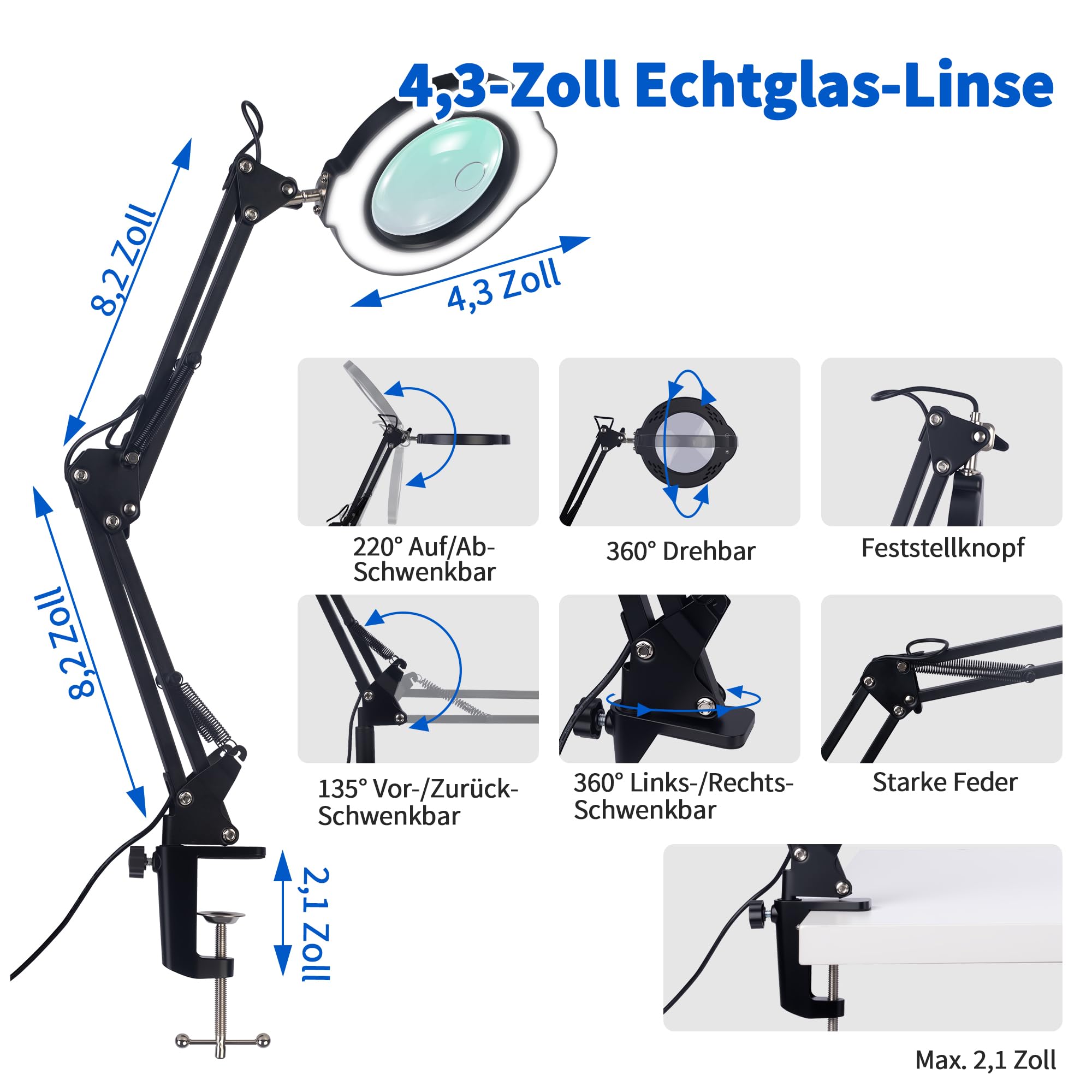 30X/10X Doppellinsen-Lupe mit Licht, 5 Farbmodi, 2-in-1 Lupen-Schreibtischlampe für Basteln, Malen, Nähen und Präzisionsarbeiten (ohne Netzteil)