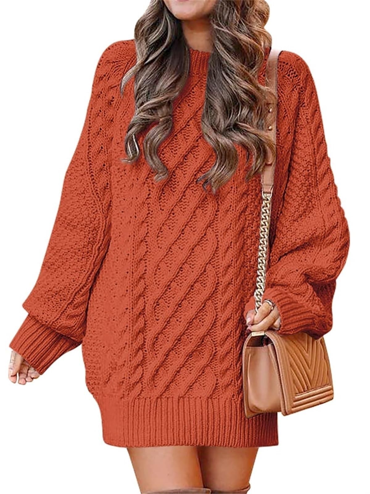 SINLEX Women Long Sleeve Oversized Cable Knit Chunky Baggy Loose Pullover Tunic Mini Sweater Dress Trendy Fall Outfits(Orange,XL)