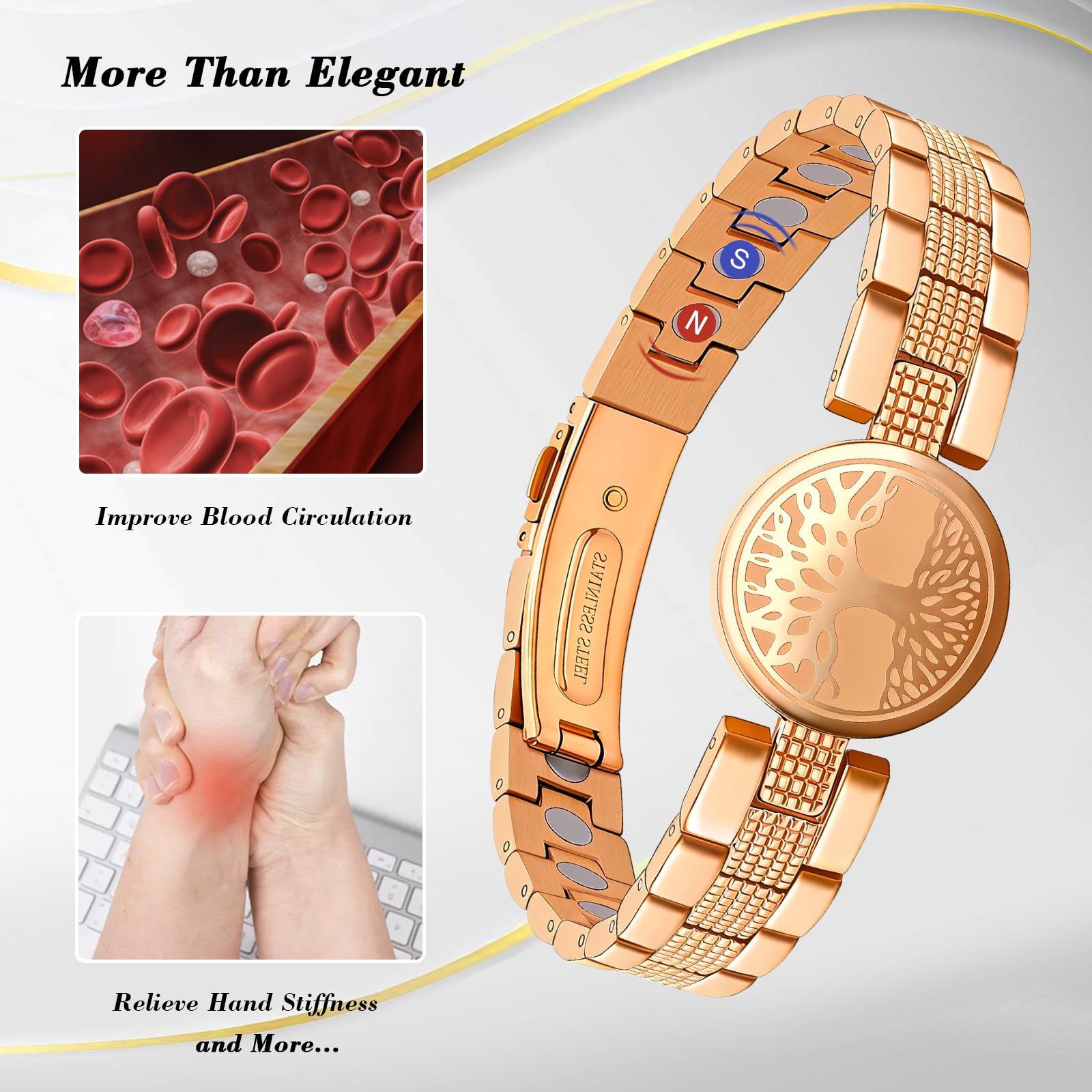 JEROOT Bracciale Magnetico Terapeutico ad Alta Potenza, Braccialetto Magnetico da Donna in Acciaio Inossidabile, Regolabile con strumento di rimozione