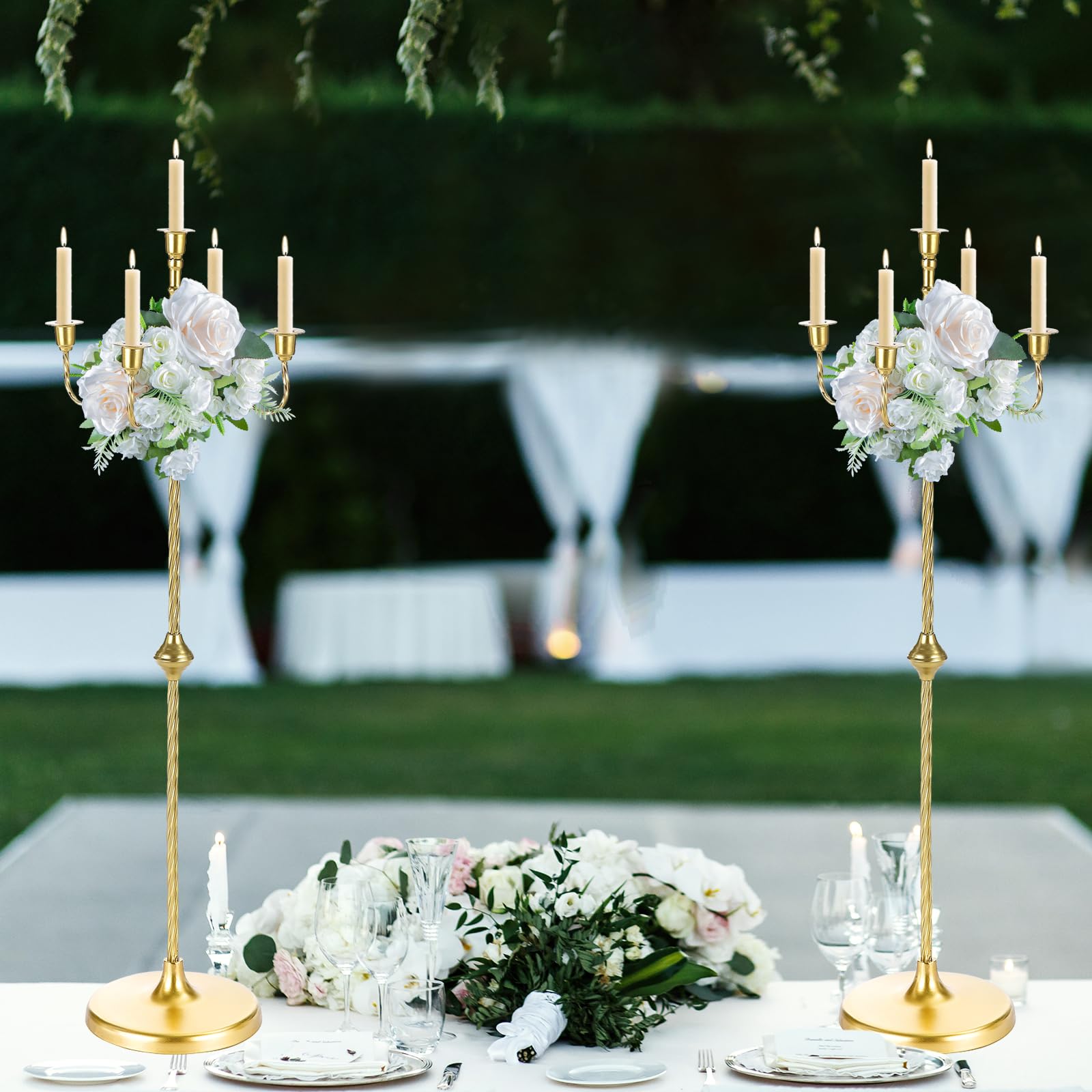 Candelabro de suelo de 42.75 pulgadas, 2 portavelas dorados de 5 brazos, centro de mesa alto para velas cónicas, candelabros de pie de metal para boda, fiesta de cumpleaños, decoración del