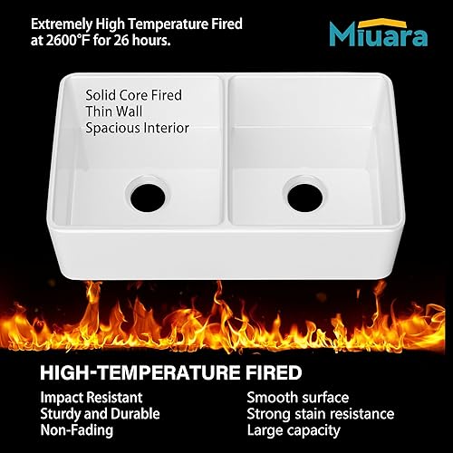 Miniatura 4 de Miuara Fregadero de granja negro de 33 pulgadas, 5050, fregadero de granja con doble cuenco de arcilla refractaria, fregadero de cocina empotrado,