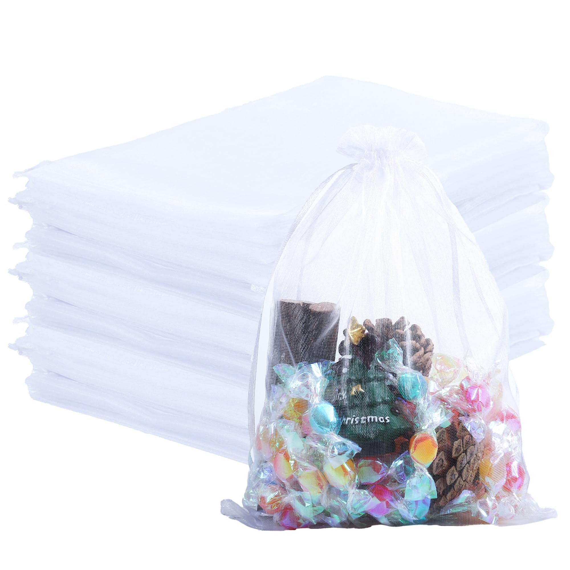 Songio packing 100PCS Organza Bags 8x12 Inches, White Drawstring Mesh Bags for Party Favor, Candy, Jewelry, Christmas Gift Bags, Wedding Mesh Goodie