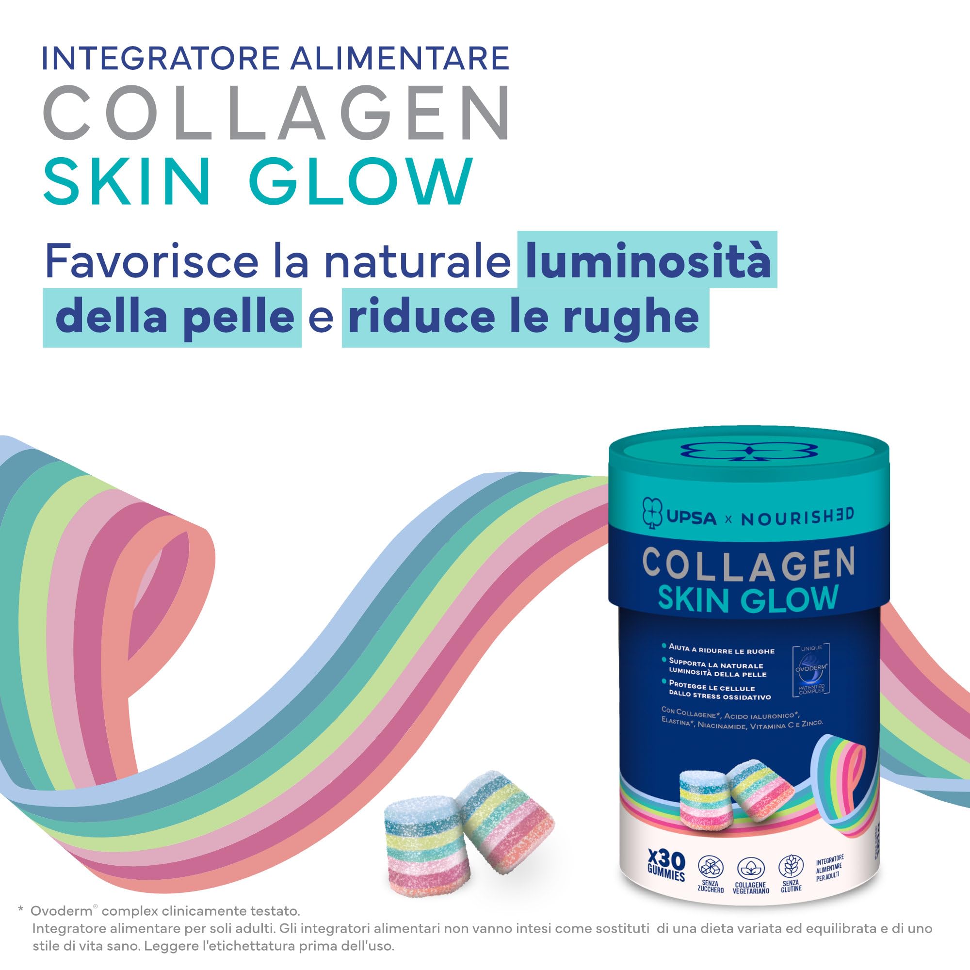 UPSA x Nourished Collagen Skin Glow, con Niacinamide 60 Gummies, Bipacco | Integratore Alimentare con Ovoderm, Niacinamide e Vitamina C, Caramelle Gommose Gusto Frutta, Senza Zucchero, Vegetariano