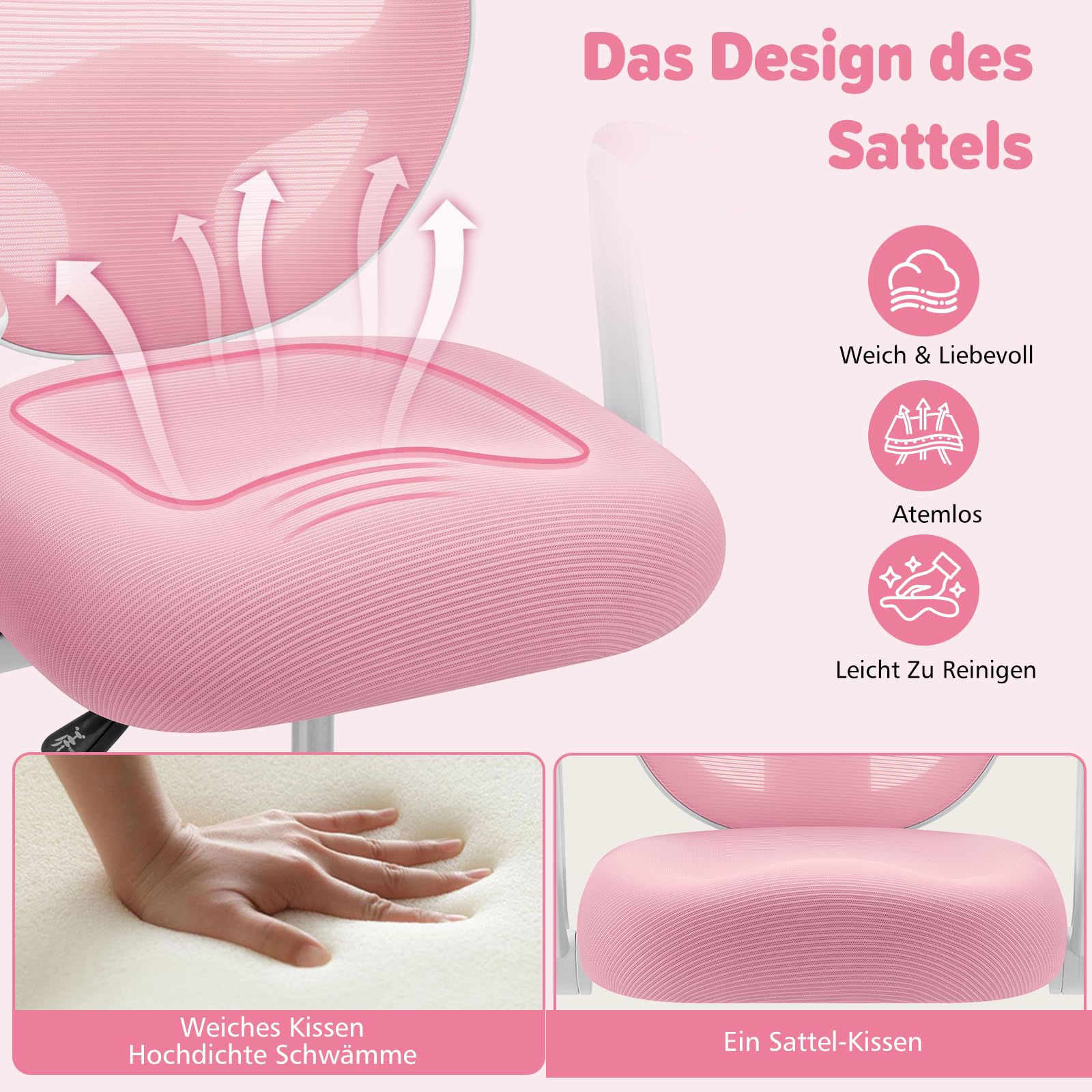 HOFFREE Kinder Schreibtischstuhl Ergonomischer Lernstuhl mit Klappbarer Armlehne Fußstütze Drehbar Rosa