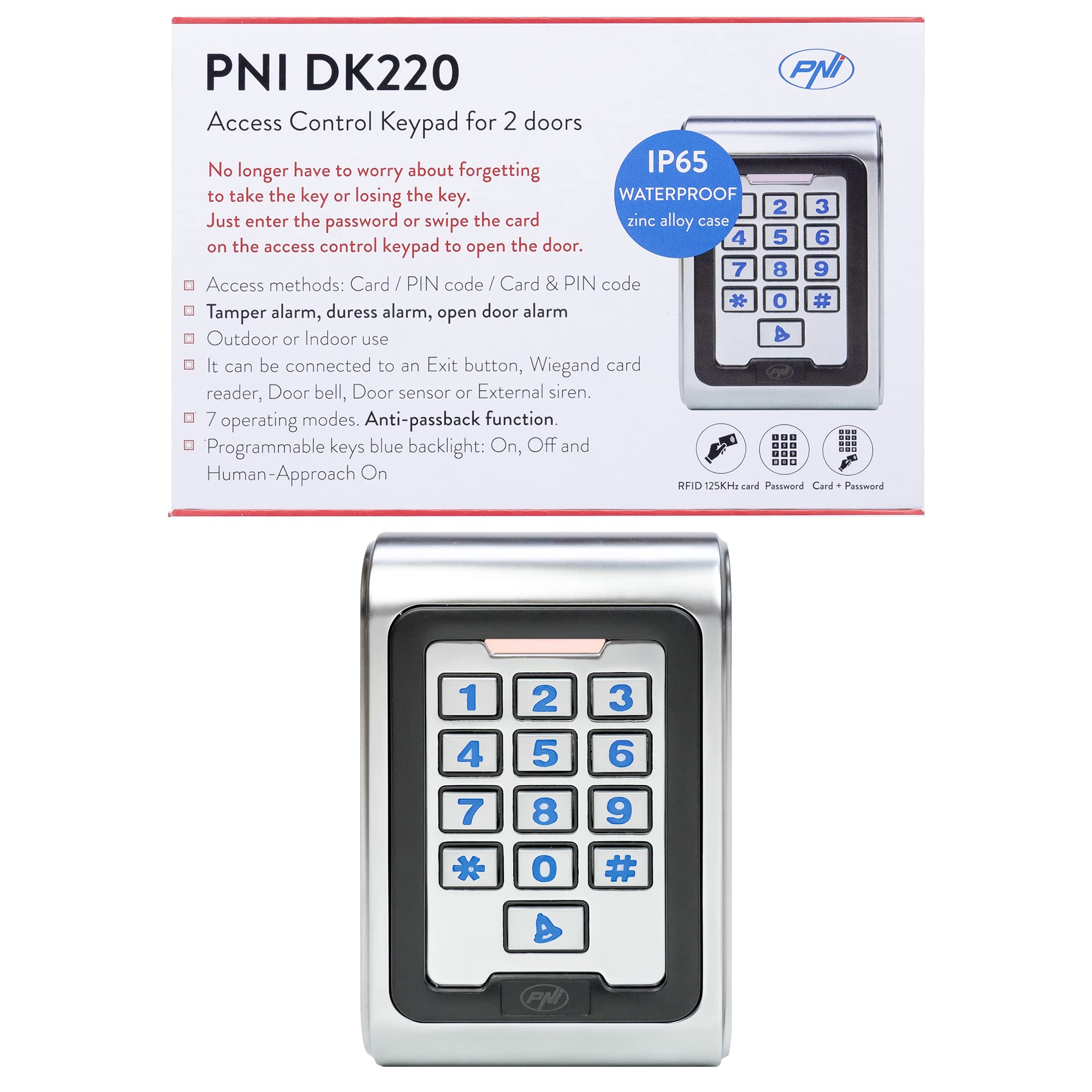 Clavier de contrôle d’accès PNI DK220, autonome, extérieur et intérieur, IP65, avec 2 relais