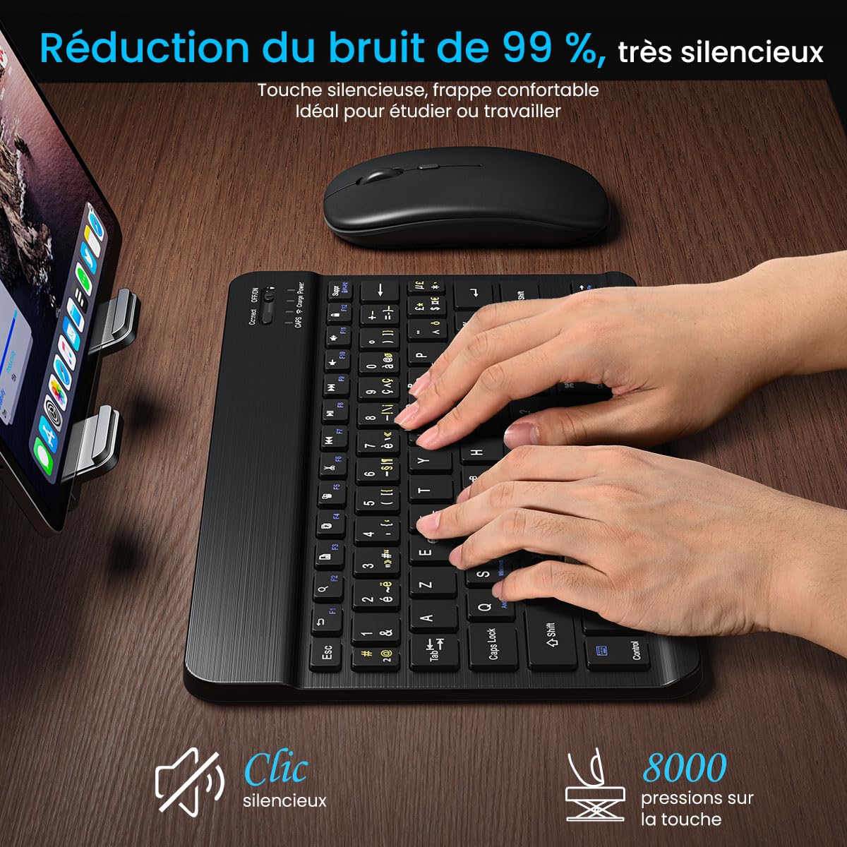 PINKCAT Clavier et Souris sans Fil Bluetooth, Clavier Ergonomique ultrafin avec Batterie Rechargeable Intégrée pour iOS, Mac, iPad, Windows et Systèmes d'exploitation Android 3.0, AZERTY Français