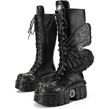 Women's Leather Platform Combat Boots Lace Up Round Toe Chunky Heel Butterfly Decor Footwear For Party Cosplay Goth Punk Streetwear