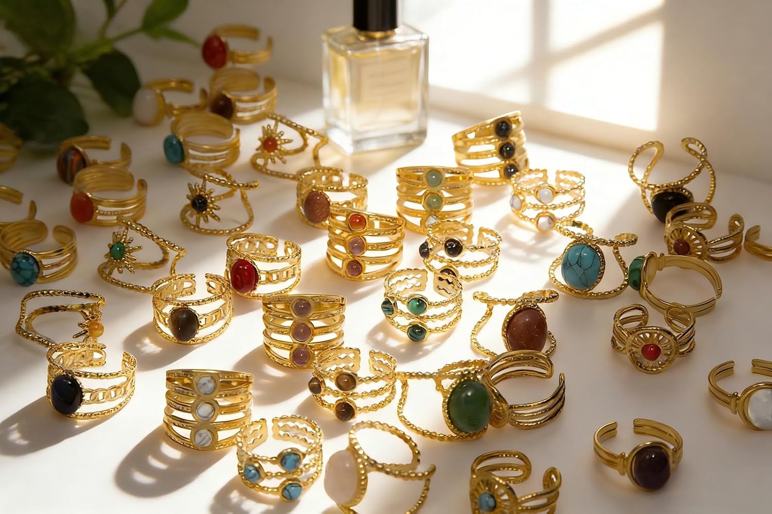 50Pcs Wholesale Bulk Rings for Women, Gold-Tone Stainless Steel Bohemian Style Adjustable Rings with Assorted Stones, Vintage Rings Set for Boutique & Gift Shop Retailers (50PCS)