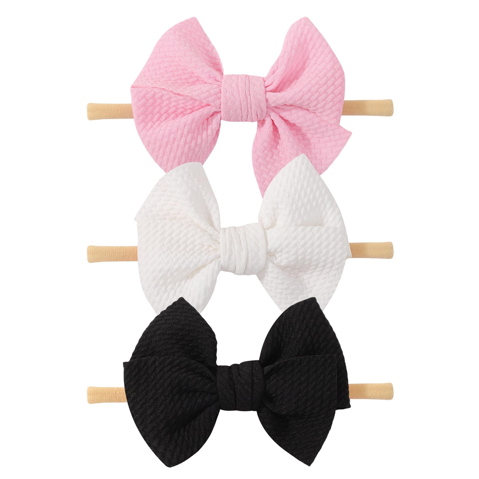 yoyokid 3PCS 4" Baby Girls Bow Headband, Elastic Nylon Hairbands Soft Baby Hairbands with Bows Hair Accessories for Newborn Infant Toddler, Black Pink