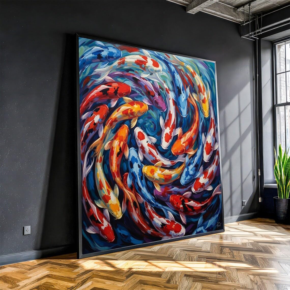 XINBAO Colorful Koi Fish Swirl, Pond Scene Painting Canvas, Feng Shui Wall Art, Aquatic Nature Decor, Living Room Canvas Print(45x45cm/Inner Frame)