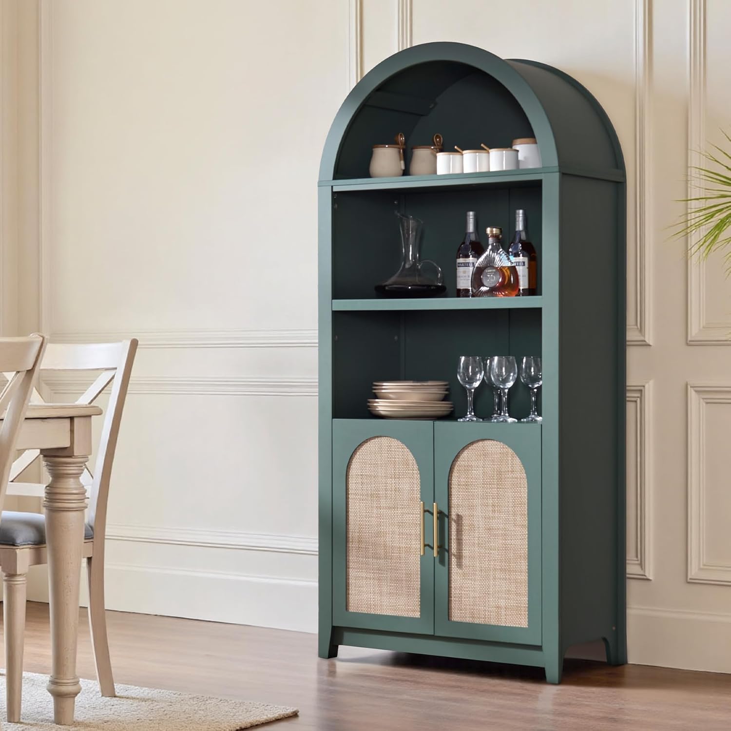 Rattan Arched Cabinet Bookshelf - 69.3” Tall Mid Century Display Cabinet, Rounded Bookcase with Rattan Doors, Open Shelf Storage for Dining Room (Green, 1 PC)