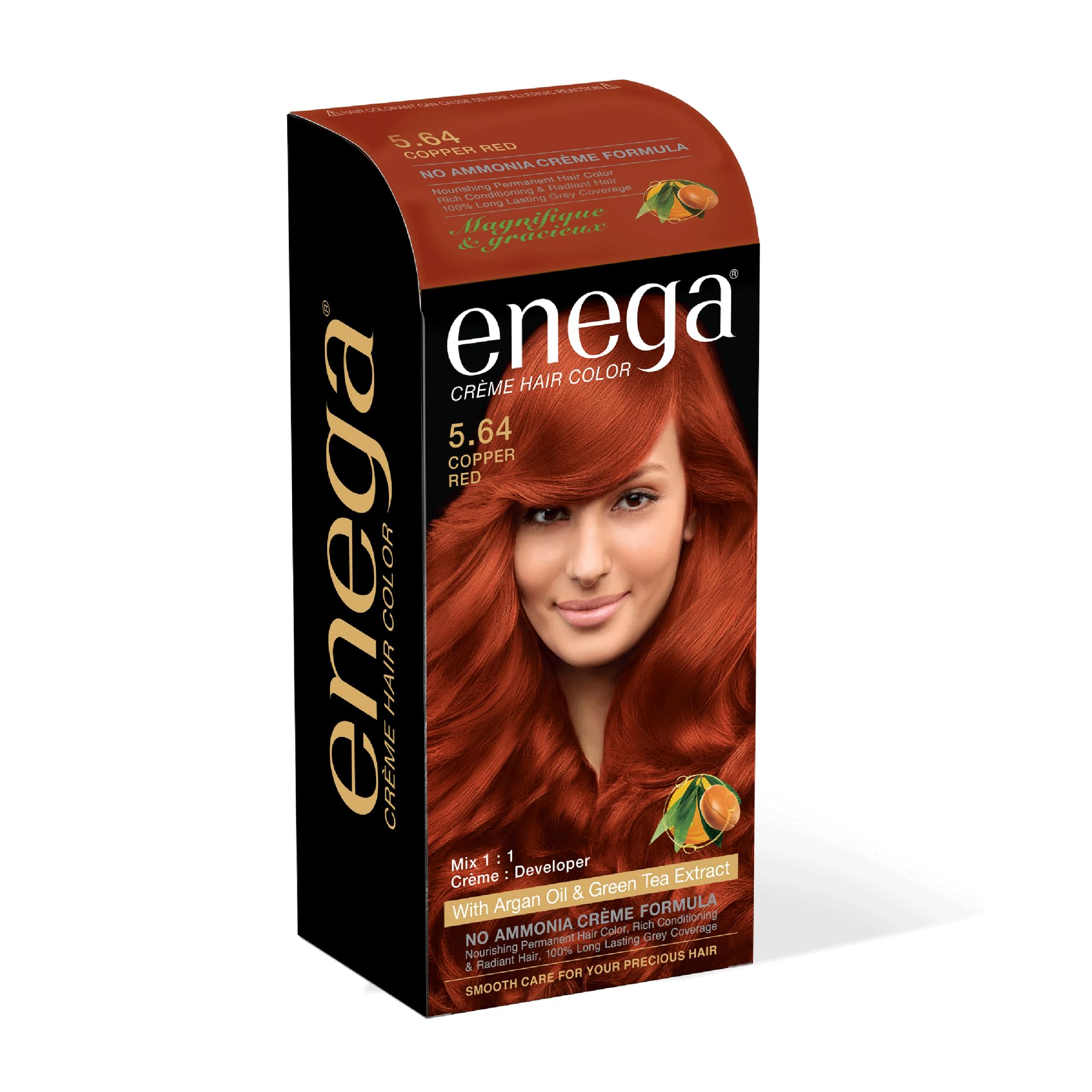 Enega No Ammonia Grey Coverage Long Lasting Creme Hair Color with Argan Oil & Green Tea Extract - Pack of 1(150 ML) (Copper Red)