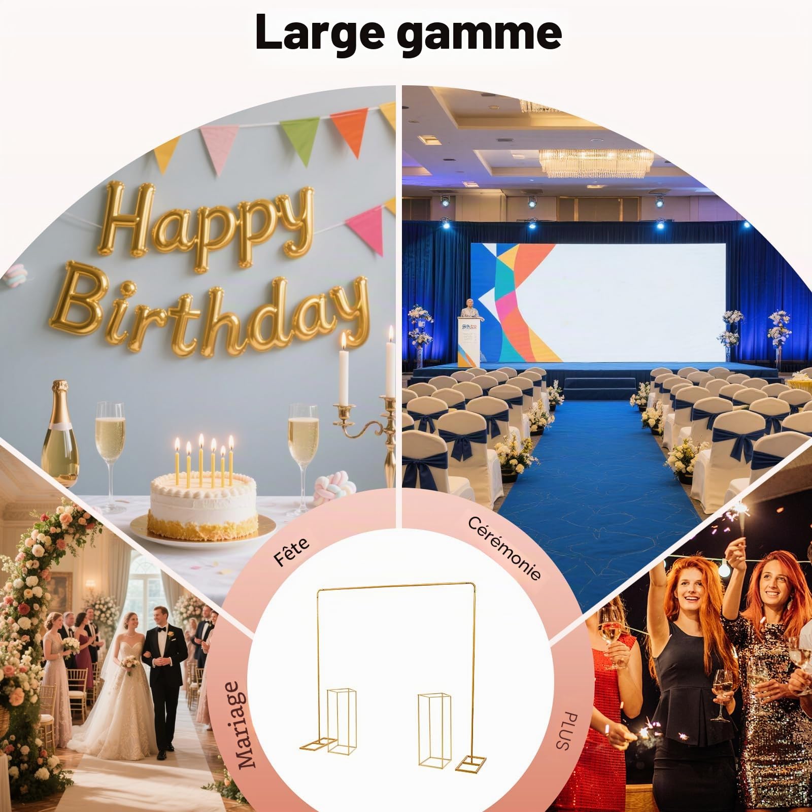 Lot de 2 supports d'arche de mariage en métal de 2 x 2 m, toile de fond et arche de ballons, avec 2 colonnes de support de fleurs, convient pour les mariages, les fêtes d'anniversaire, les banquets
